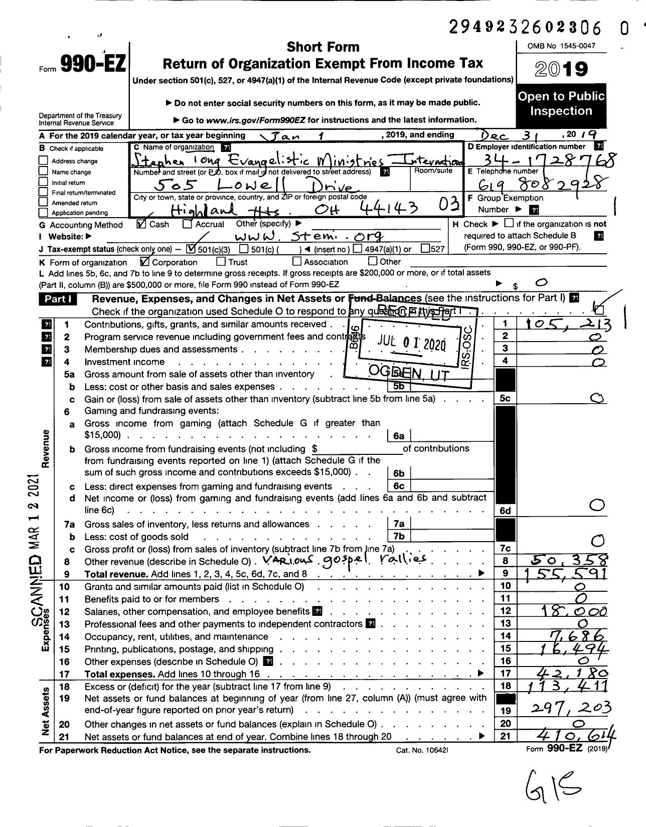 Image of first page of 2019 Form 990EZ for STEPHEN TONG EVANGELISTIC MINISTRIES International