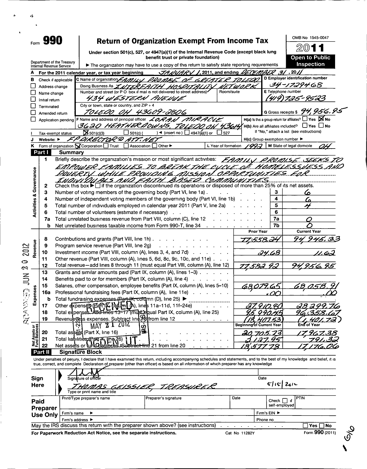Image of first page of 2011 Form 990 for Family Promise of Greater Toledo