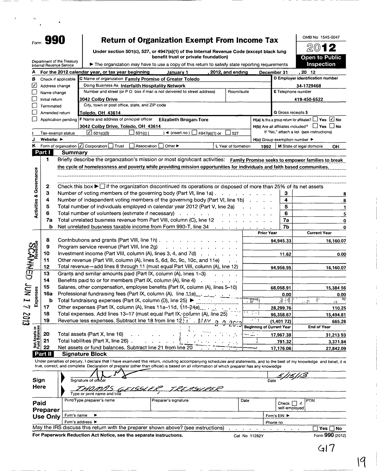 Image of first page of 2012 Form 990 for Family Promise of Greater Toledo