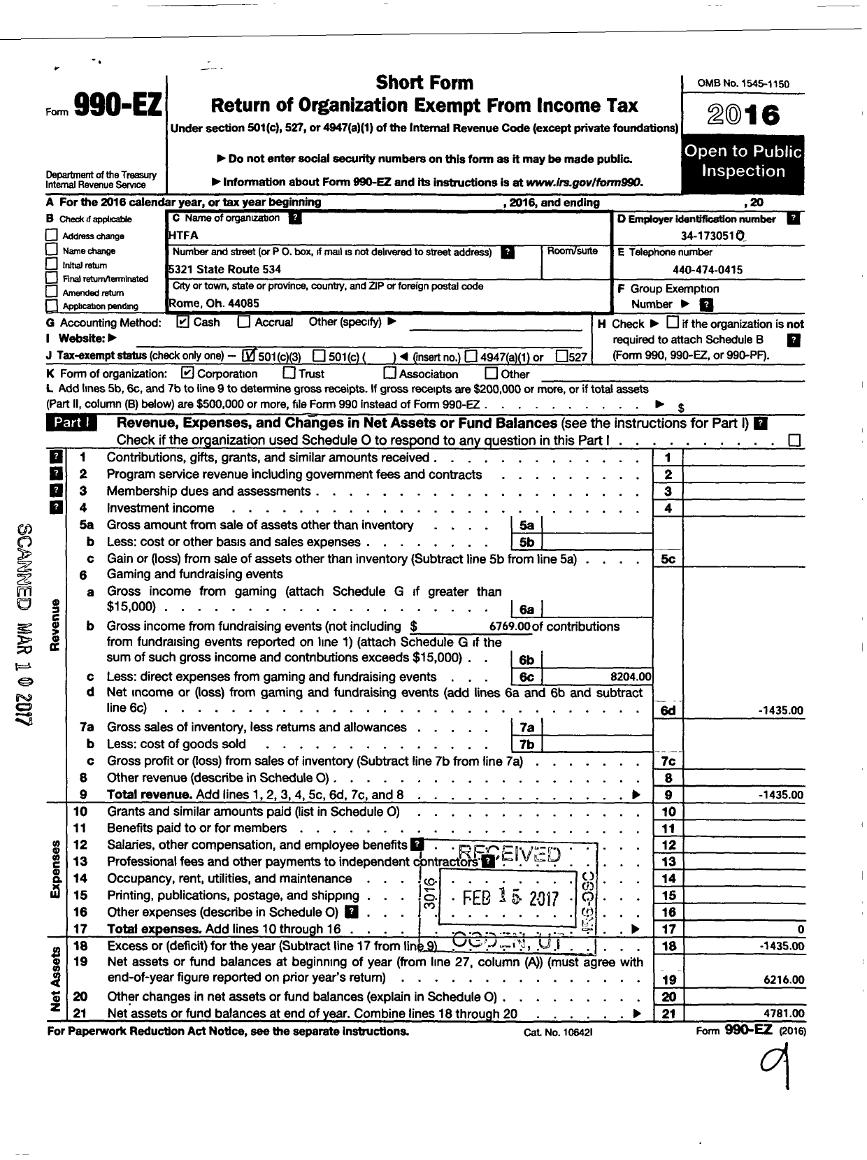 Image of first page of 2016 Form 990EZ for Htfa
