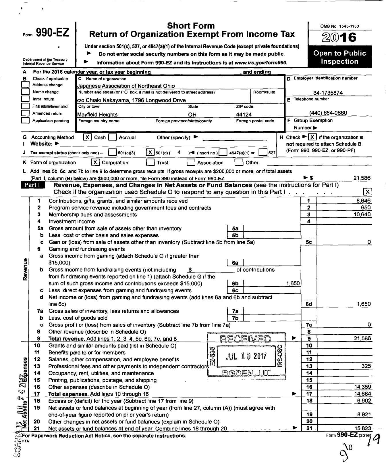 Image of first page of 2016 Form 990EO for Japanese Association of Northeast Ohio