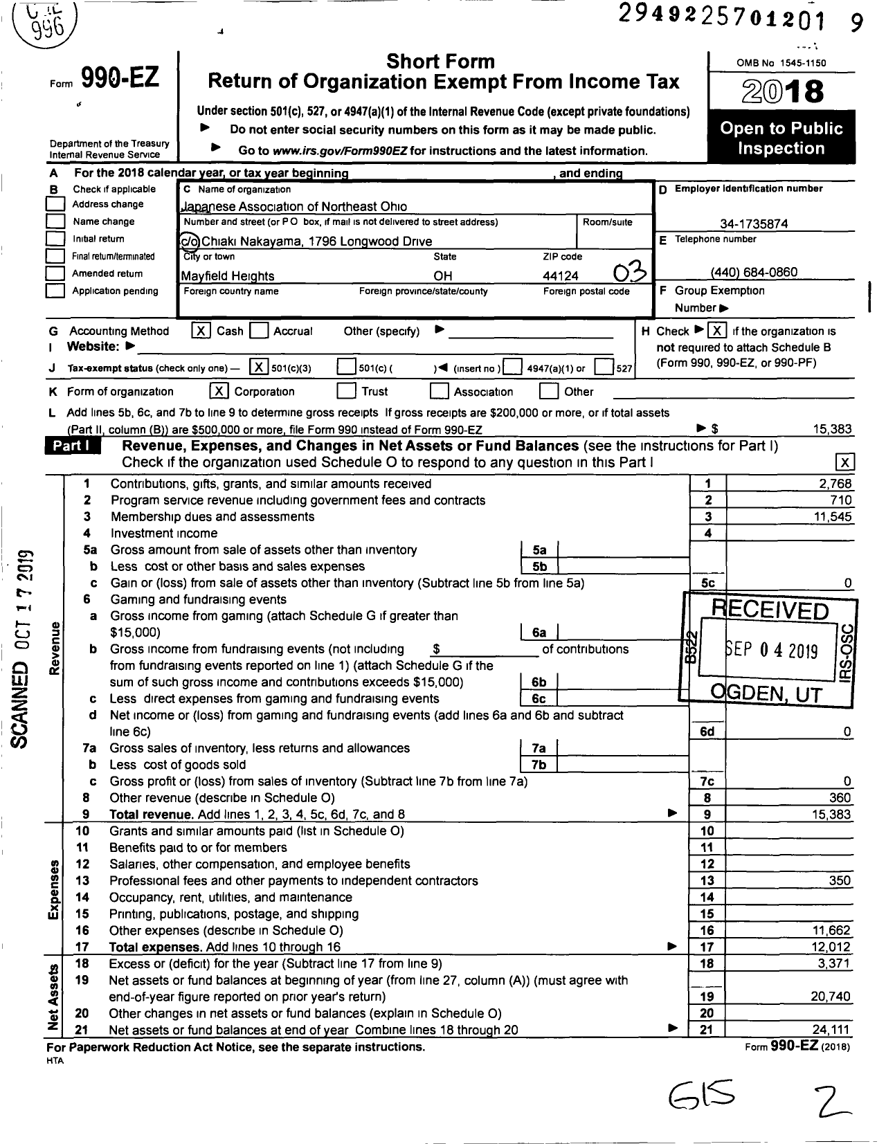 Image of first page of 2018 Form 990EZ for Japanese Association of Northeast Ohio