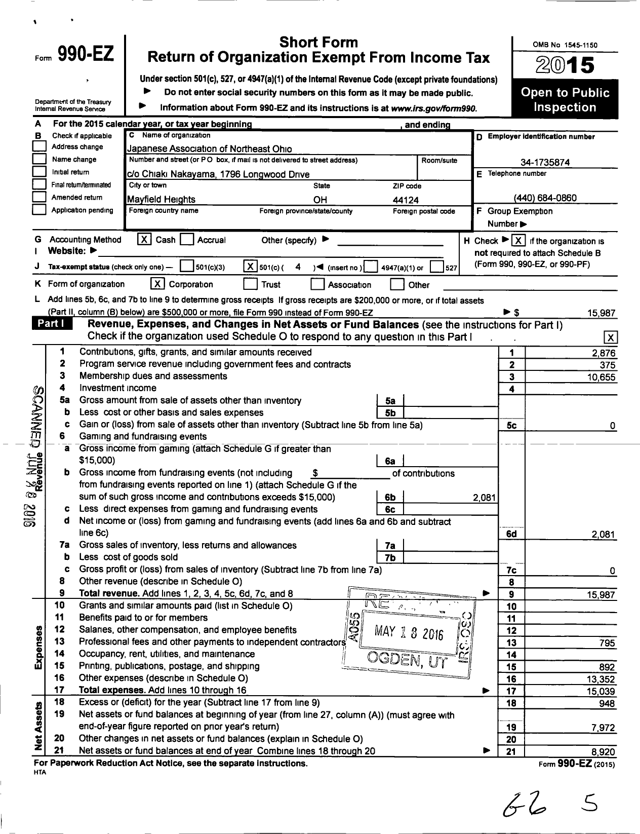 Image of first page of 2015 Form 990EO for Japanese Association of Northeast Ohio