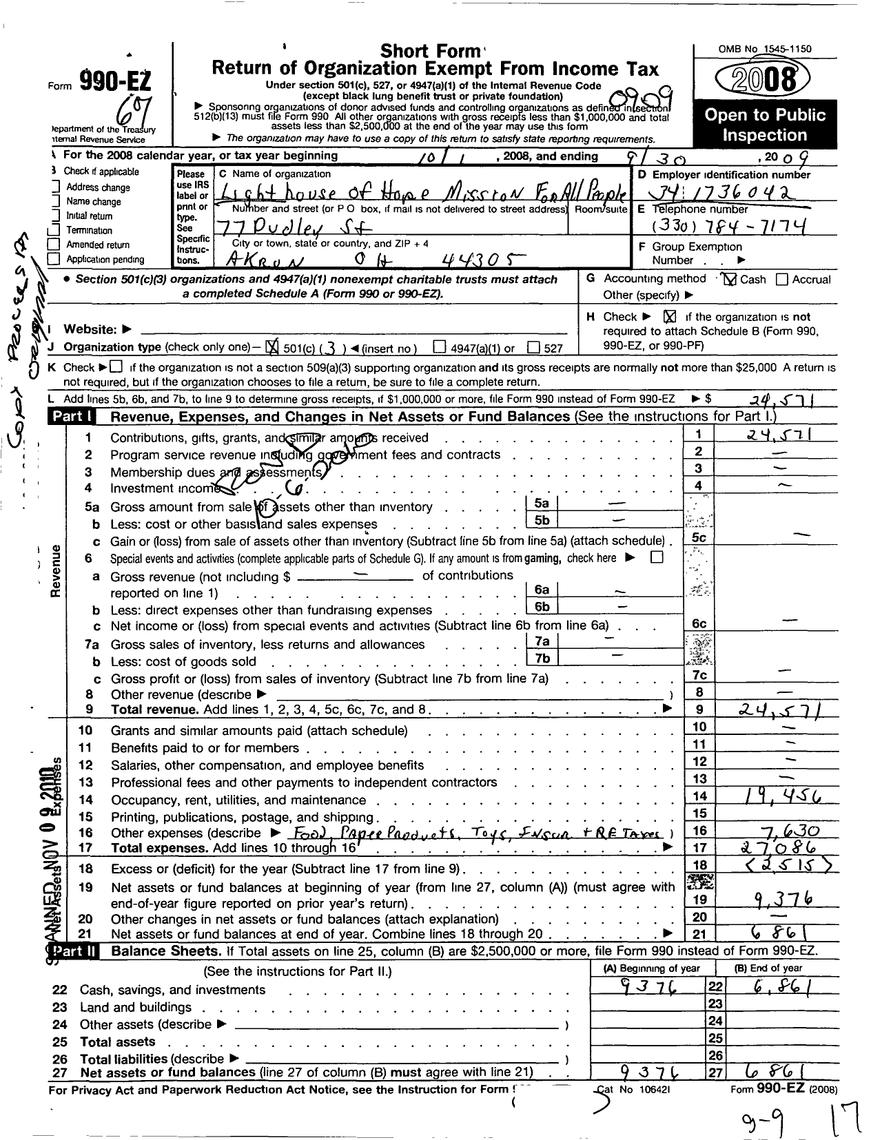 Image of first page of 2008 Form 990EZ for The Lighthouse of Hope Mission for All the People