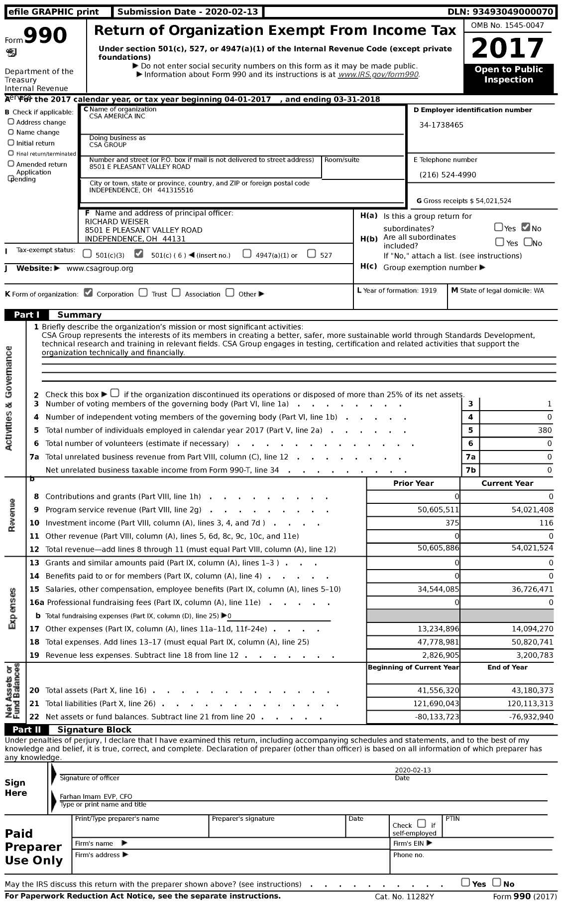 Image of first page of 2017 Form 990 for Csa America