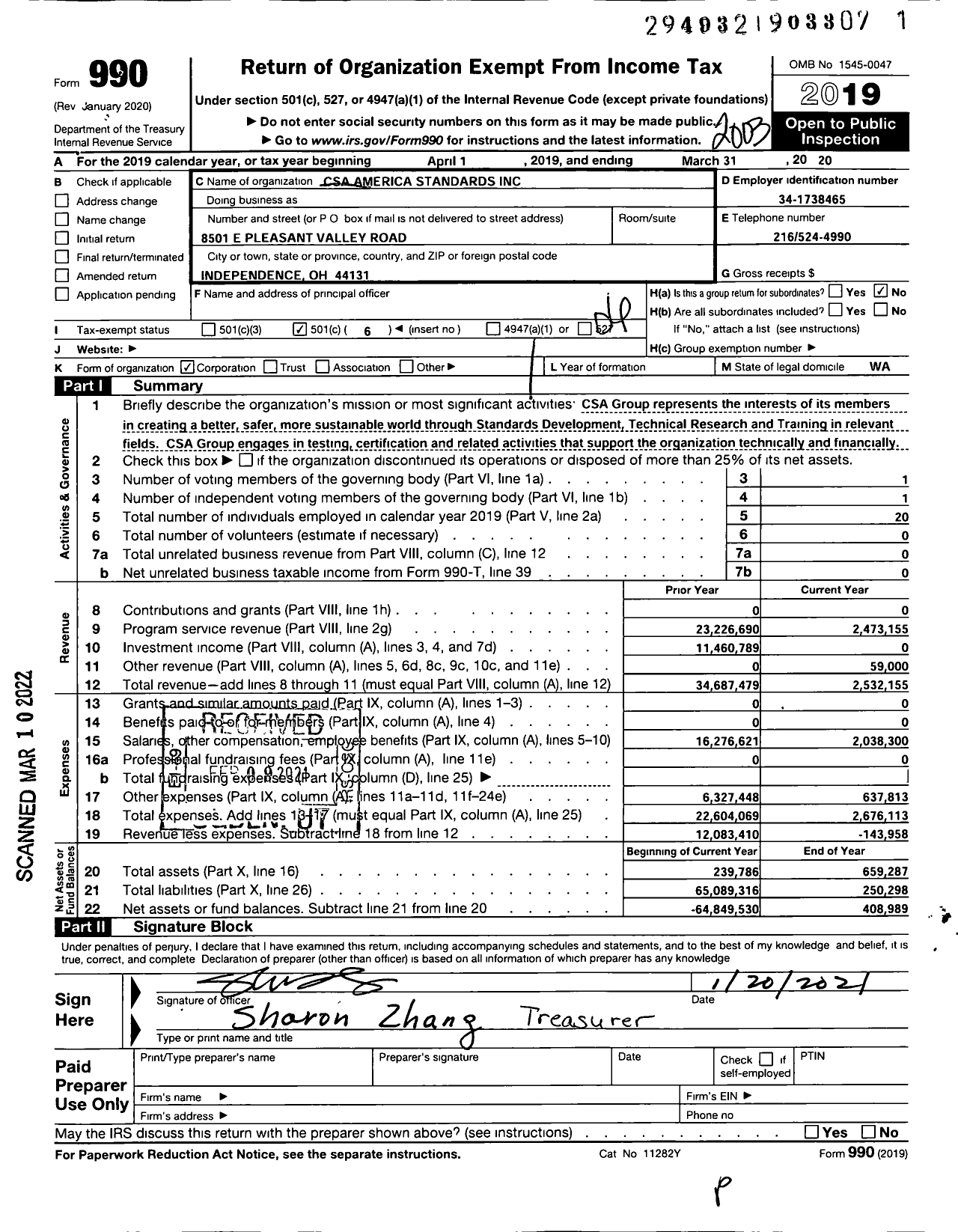 Image of first page of 2019 Form 990O for Csa America