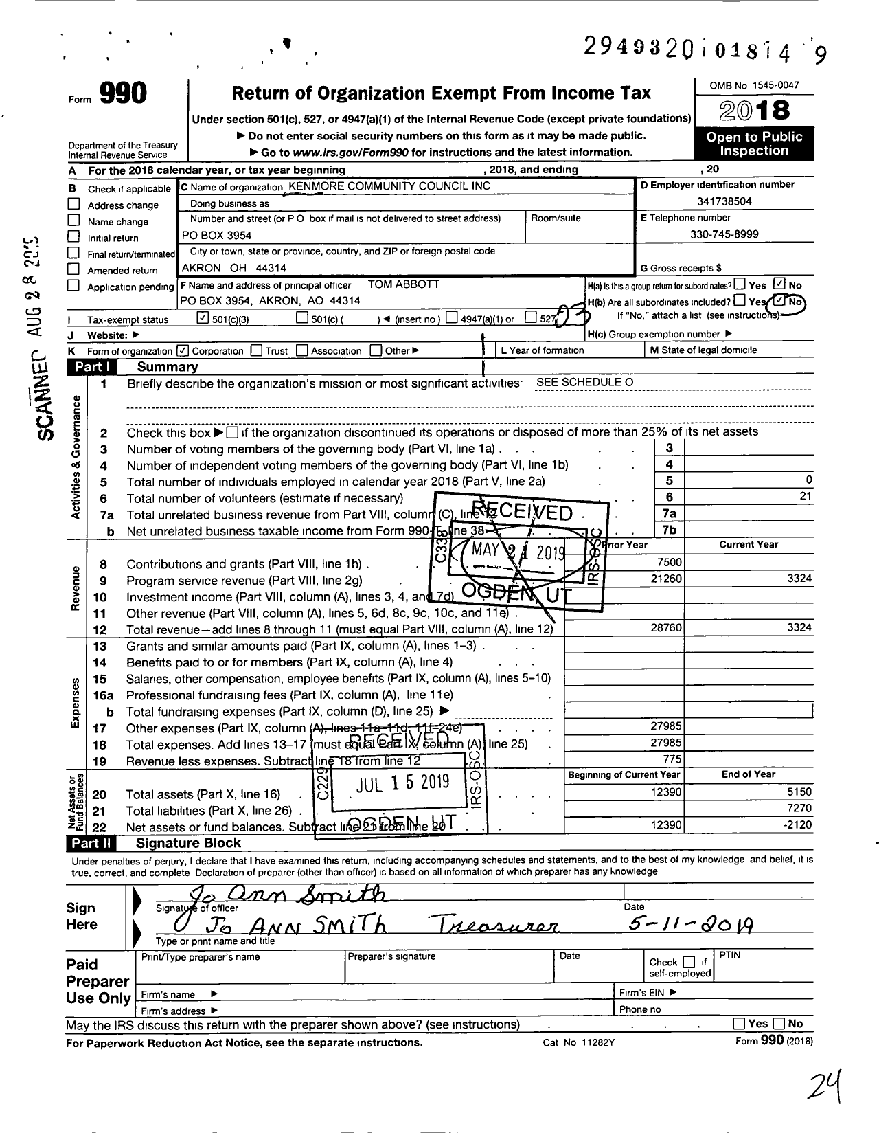 Image of first page of 2018 Form 990 for Kenmore Community Council