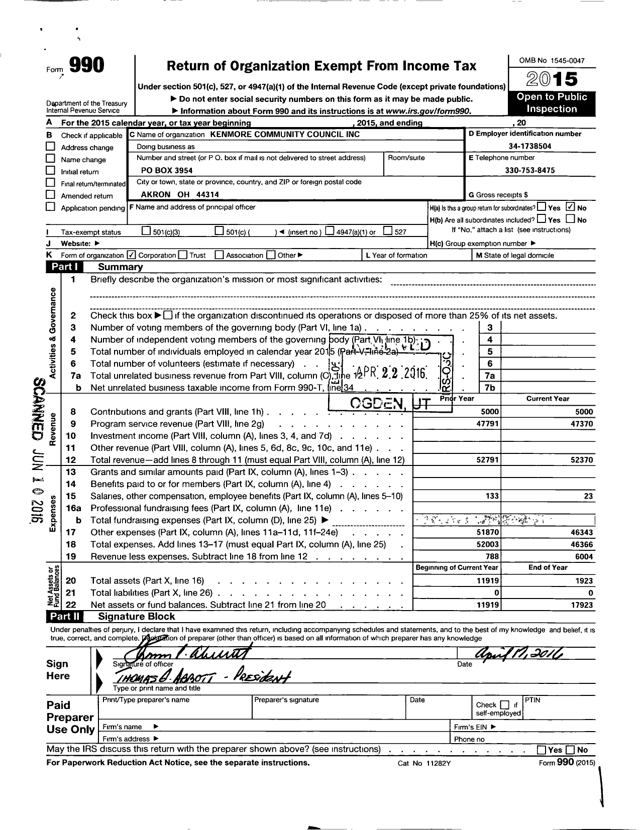 Image of first page of 2015 Form 990O for Kenmore Community Council