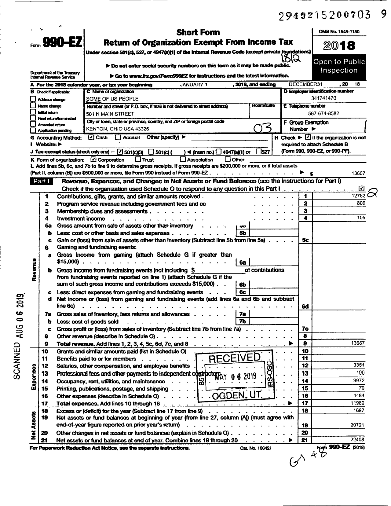 Image of first page of 2018 Form 990EZ for Some of Us People (SOUP)