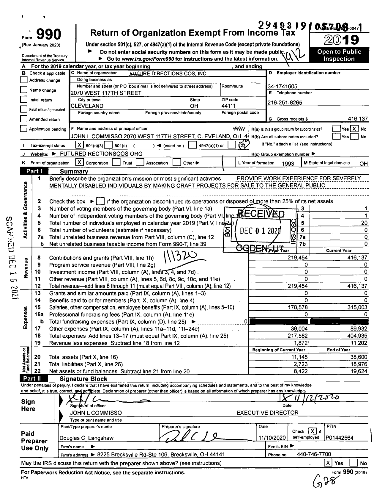 Image of first page of 2019 Form 990 for Futue Directions Cos