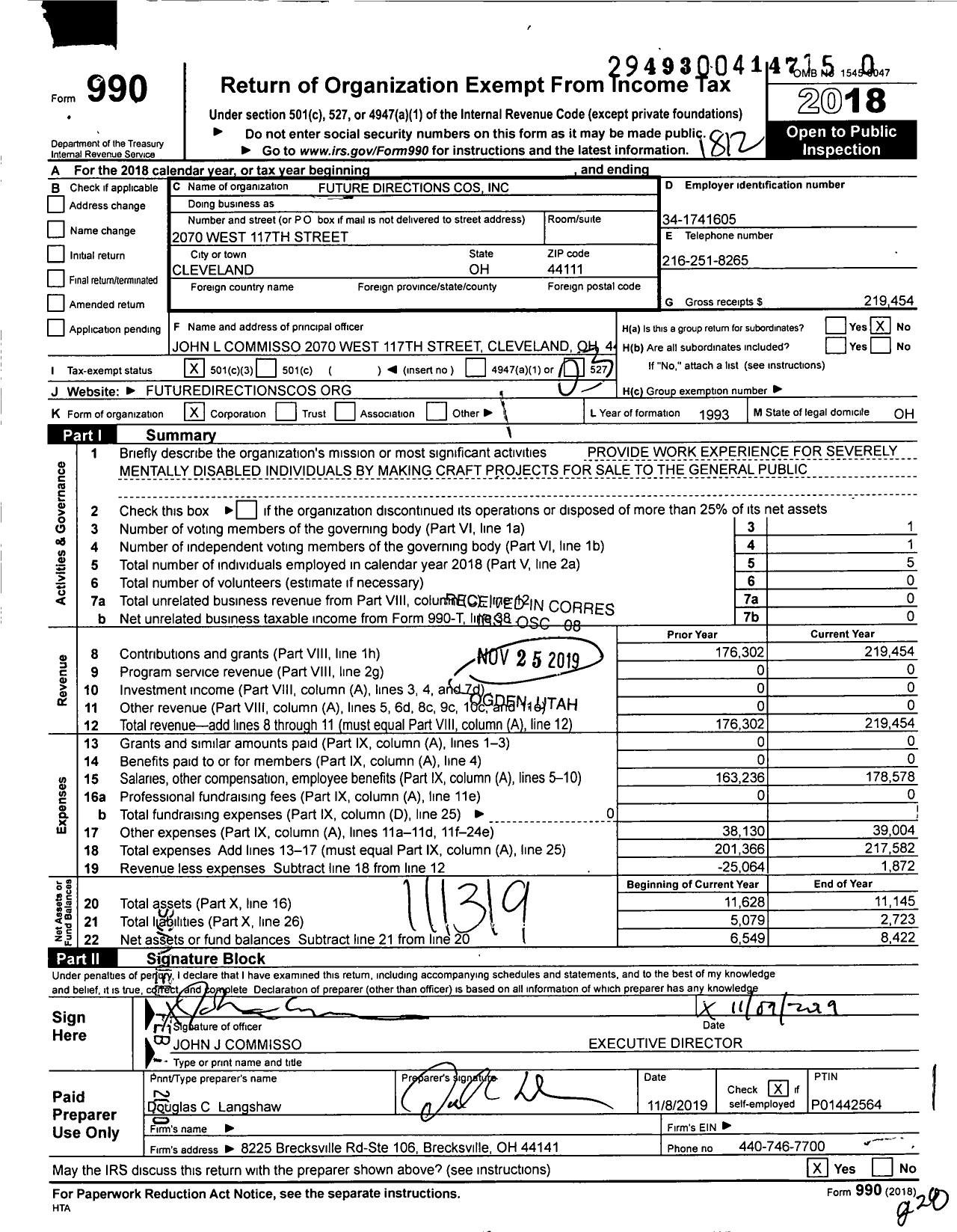 Image of first page of 2018 Form 990 for Futue Directions Cos