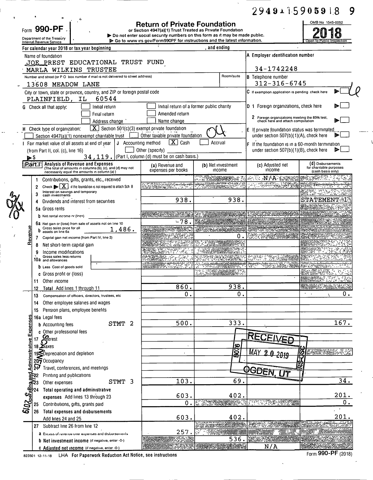 Image of first page of 2018 Form 990PF for Joe Prest Educational Trust Fund Marla Wilkins Trustee