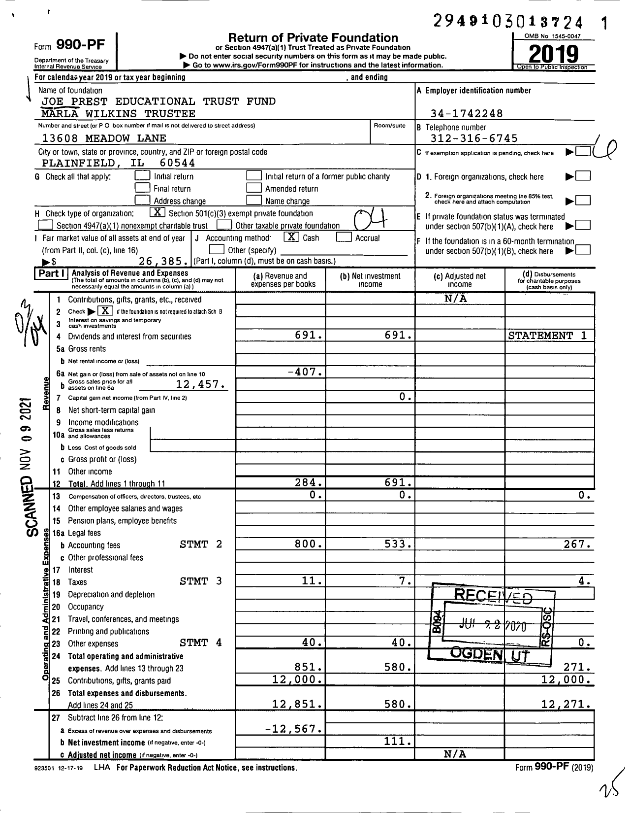 Image of first page of 2019 Form 990PF for Joe Prest Educational Trust Fund Marla Wilkins Trustee