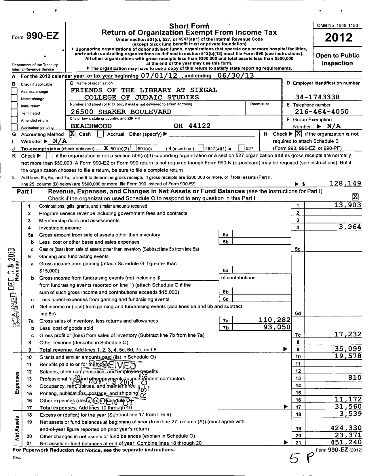 Image of first page of 2012 Form 990EZ for Friends of the Library at Siegal College of Judaic Studies