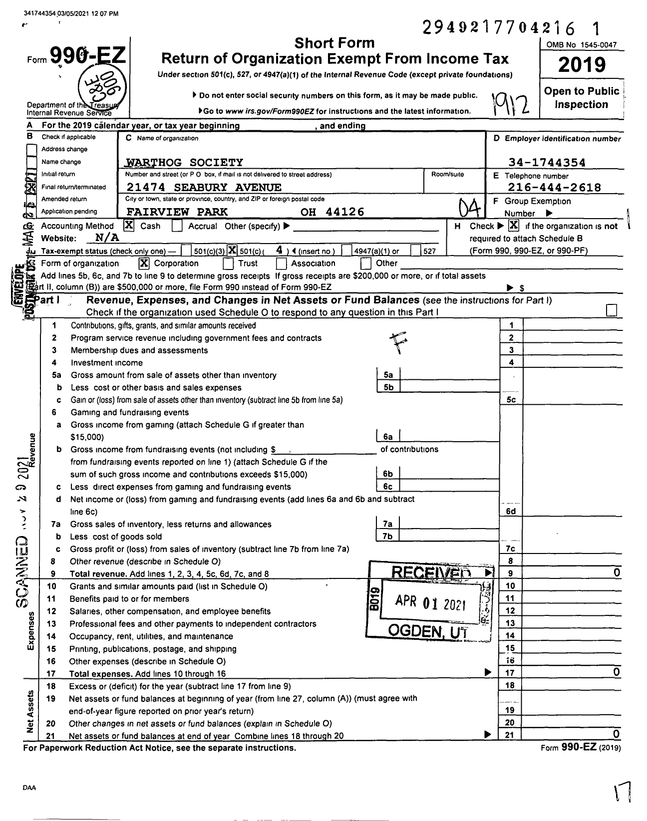 Image of first page of 2019 Form 990EO for Warthog Society