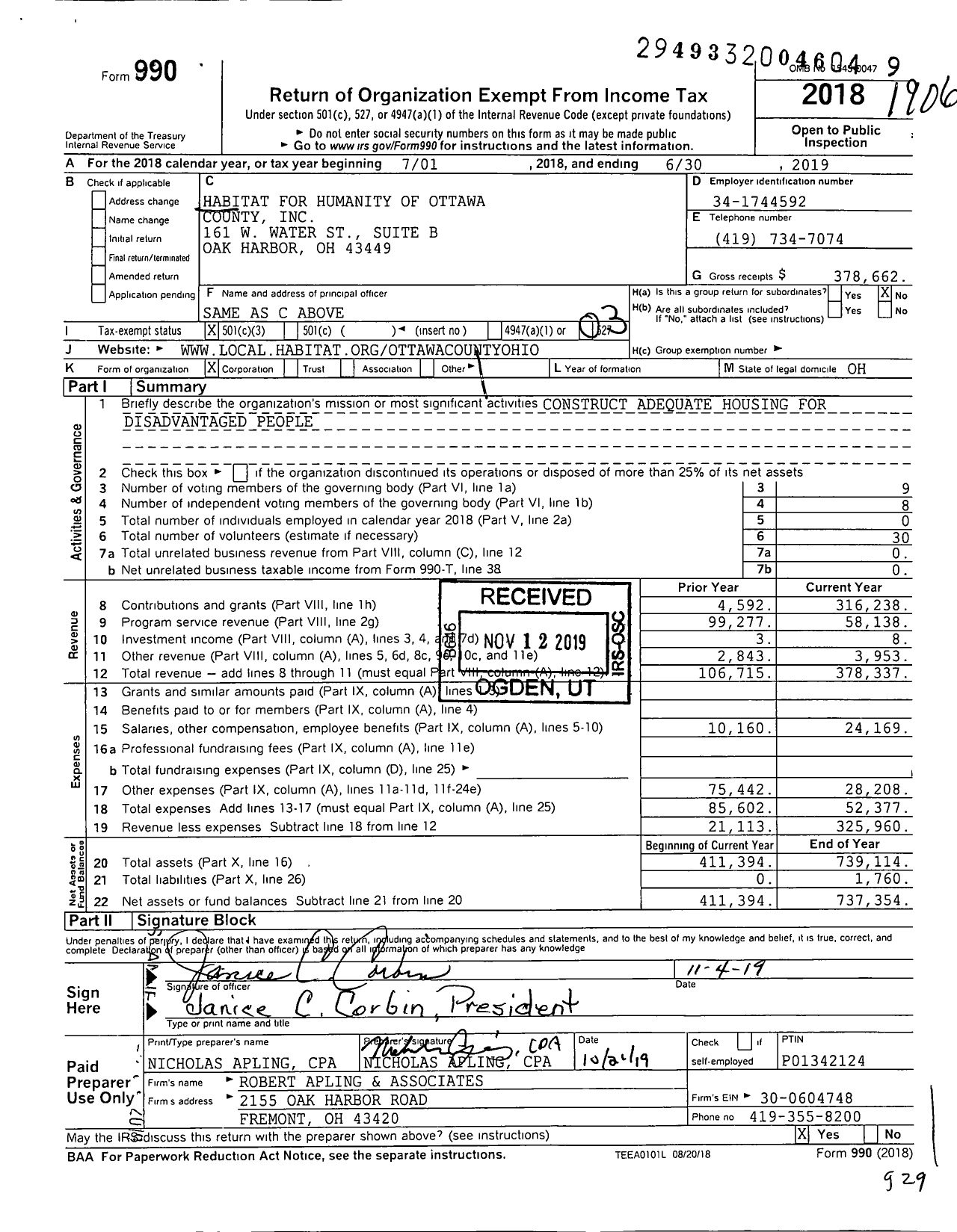 Image of first page of 2018 Form 990 for Habitat for Humanity - Ottawa County HFH of