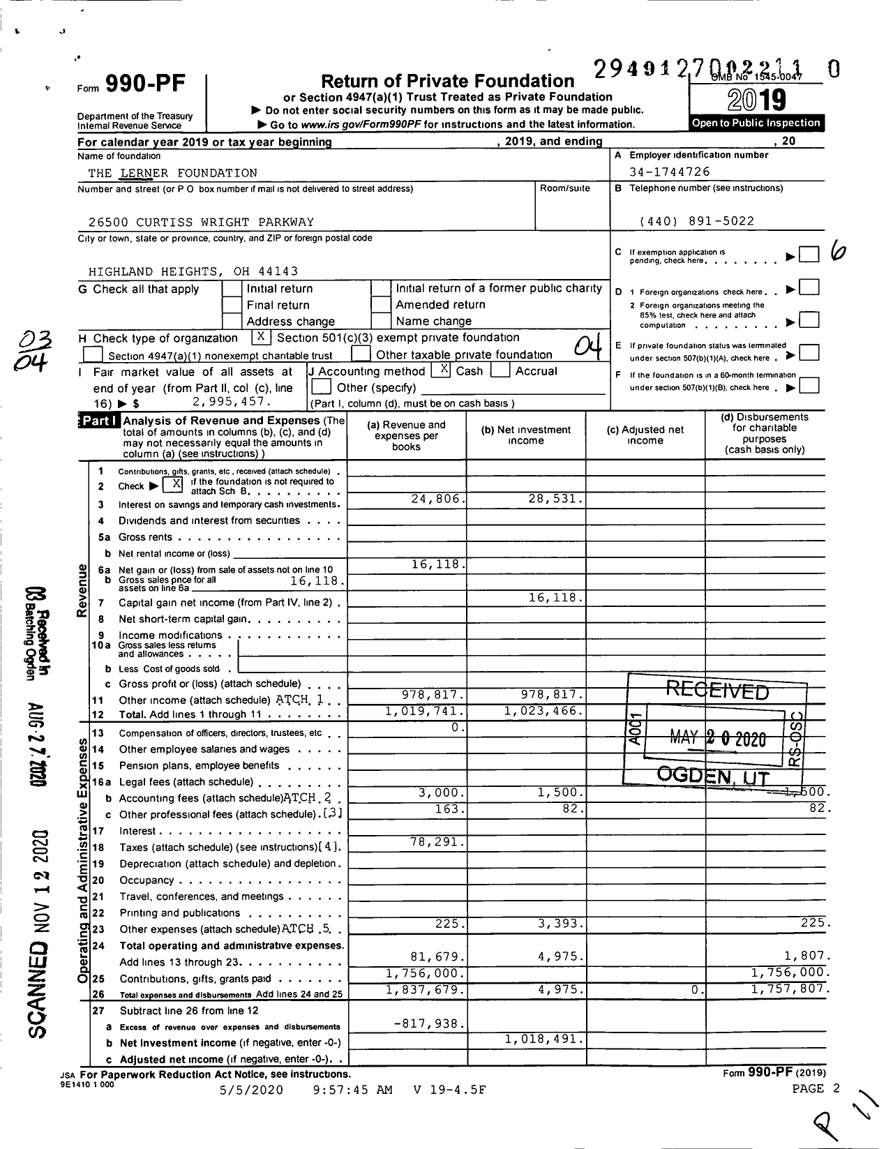 Image of first page of 2019 Form 990PF for The Lerner Foundation