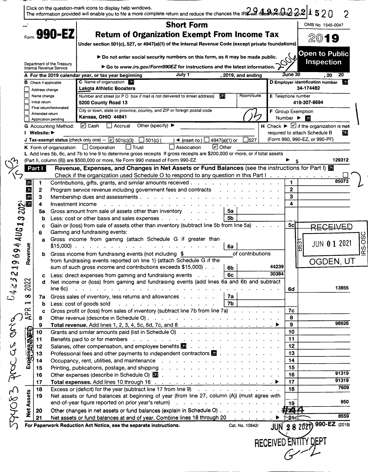 Image of first page of 2019 Form 990EZ for Lakota Athletic Boosters