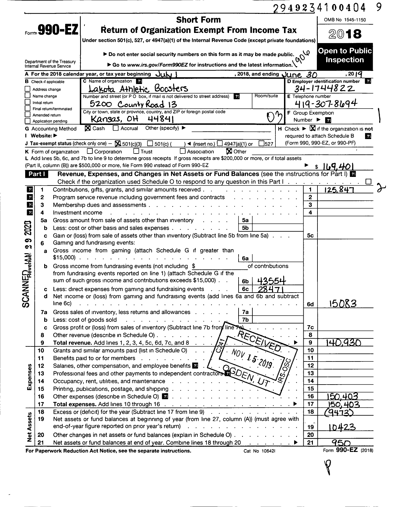 Image of first page of 2018 Form 990EZ for Lakota Athletic Boosters