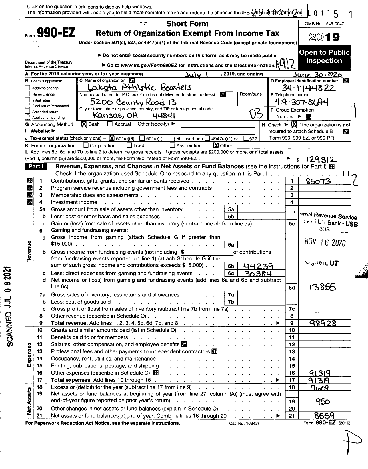 Image of first page of 2019 Form 990EZ for Lakota Athletic Boosters