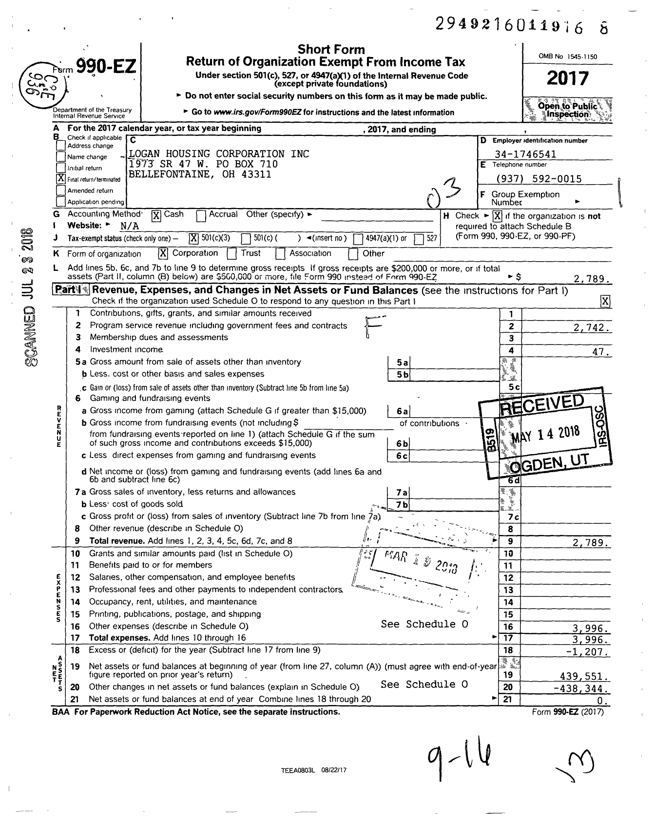 Image of first page of 2017 Form 990EZ for Logan Housing Corporation