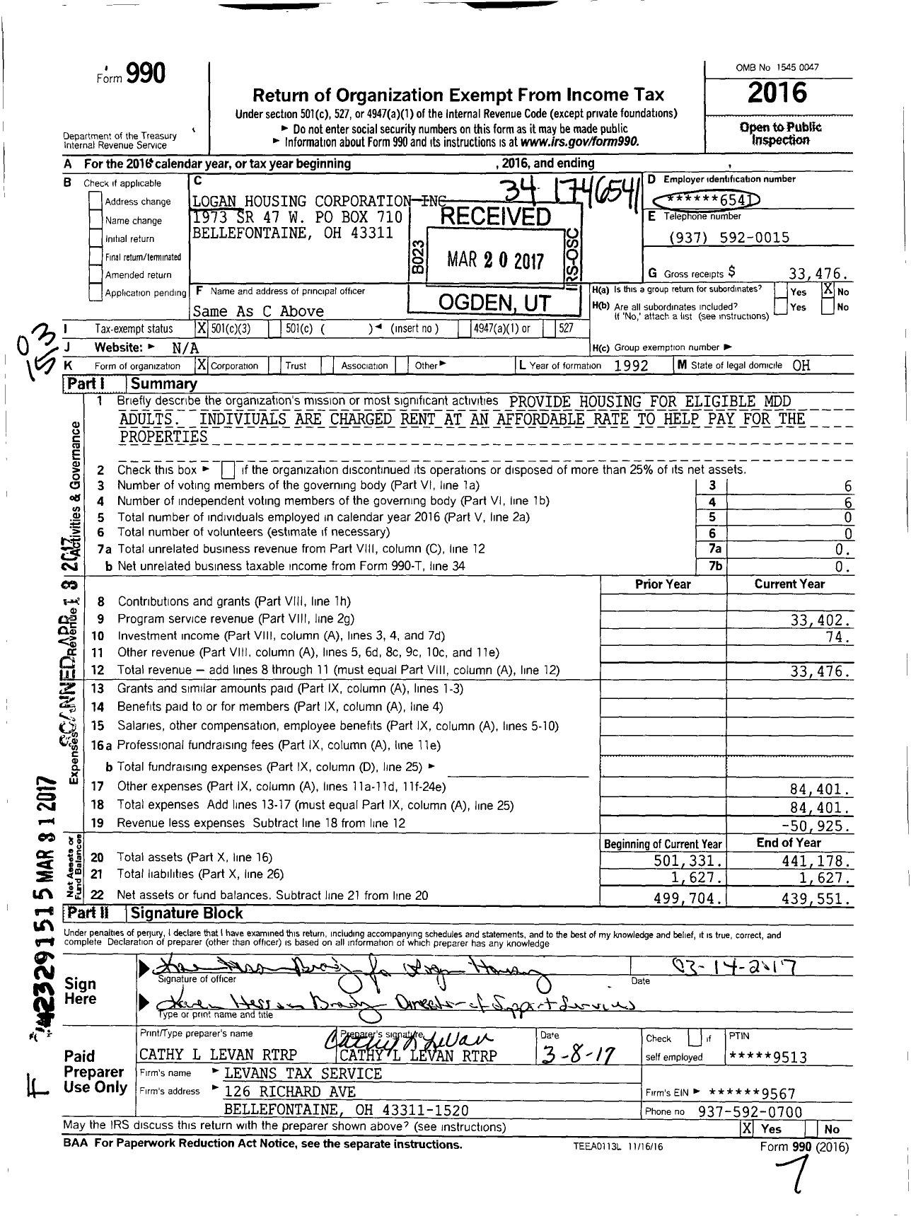 Image of first page of 2016 Form 990 for Logan Housing Corporation