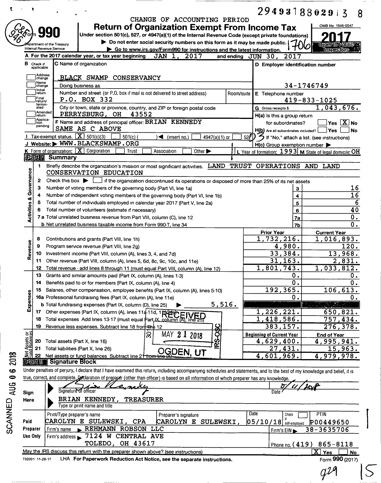 Image of first page of 2016 Form 990 for Black Swamp Conservancy