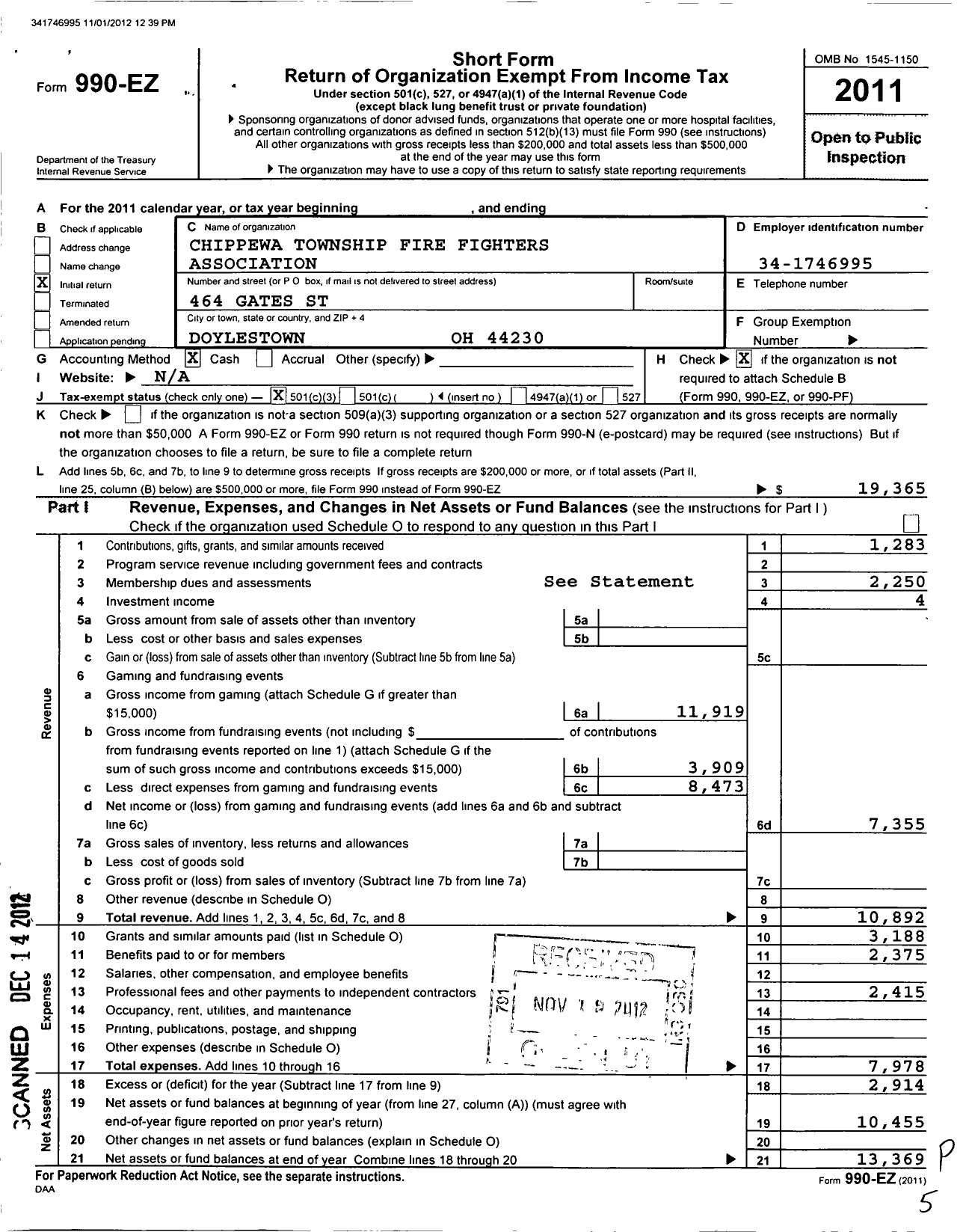 Image of first page of 2011 Form 990EZ for Chippewa Township Firefighters Association Doylestown Oh