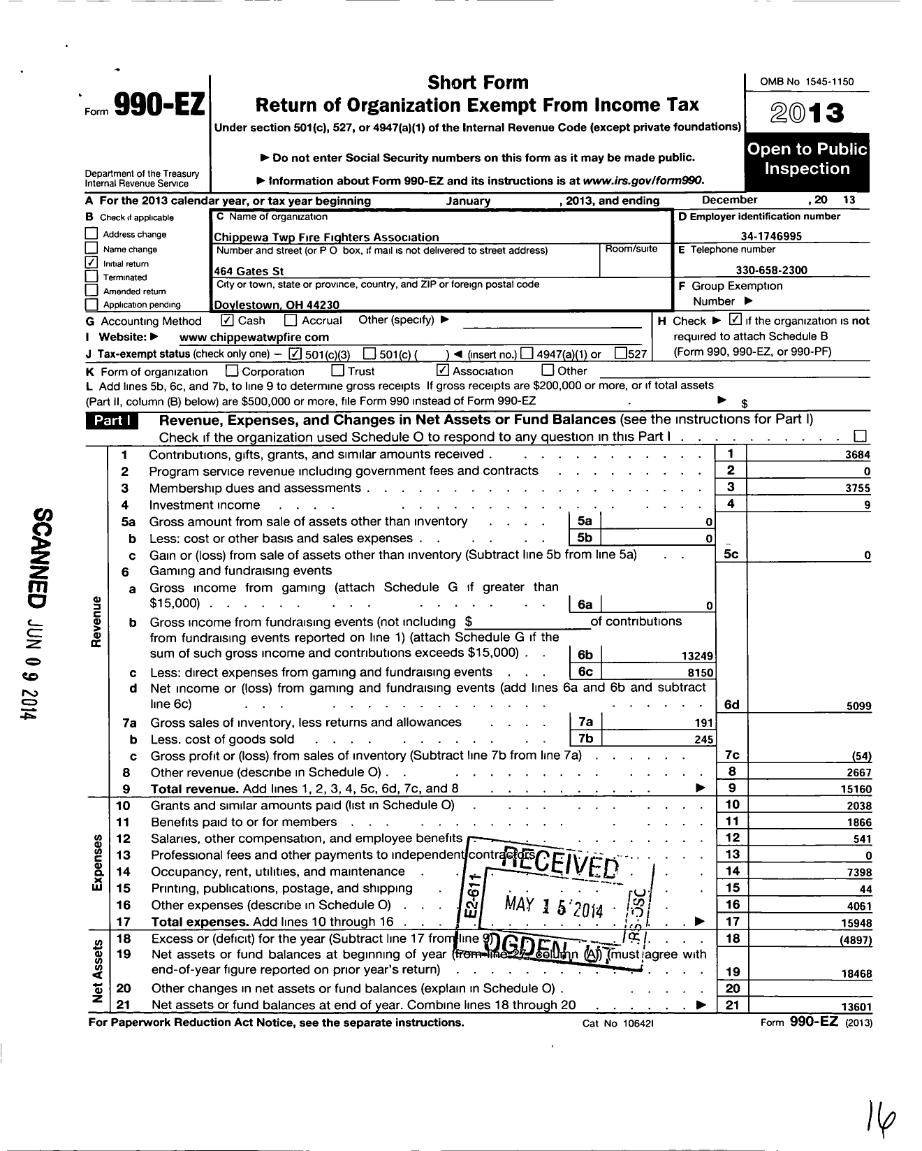 Image of first page of 2013 Form 990EZ for Chippewa Township Firefighters Association Doylestown Oh