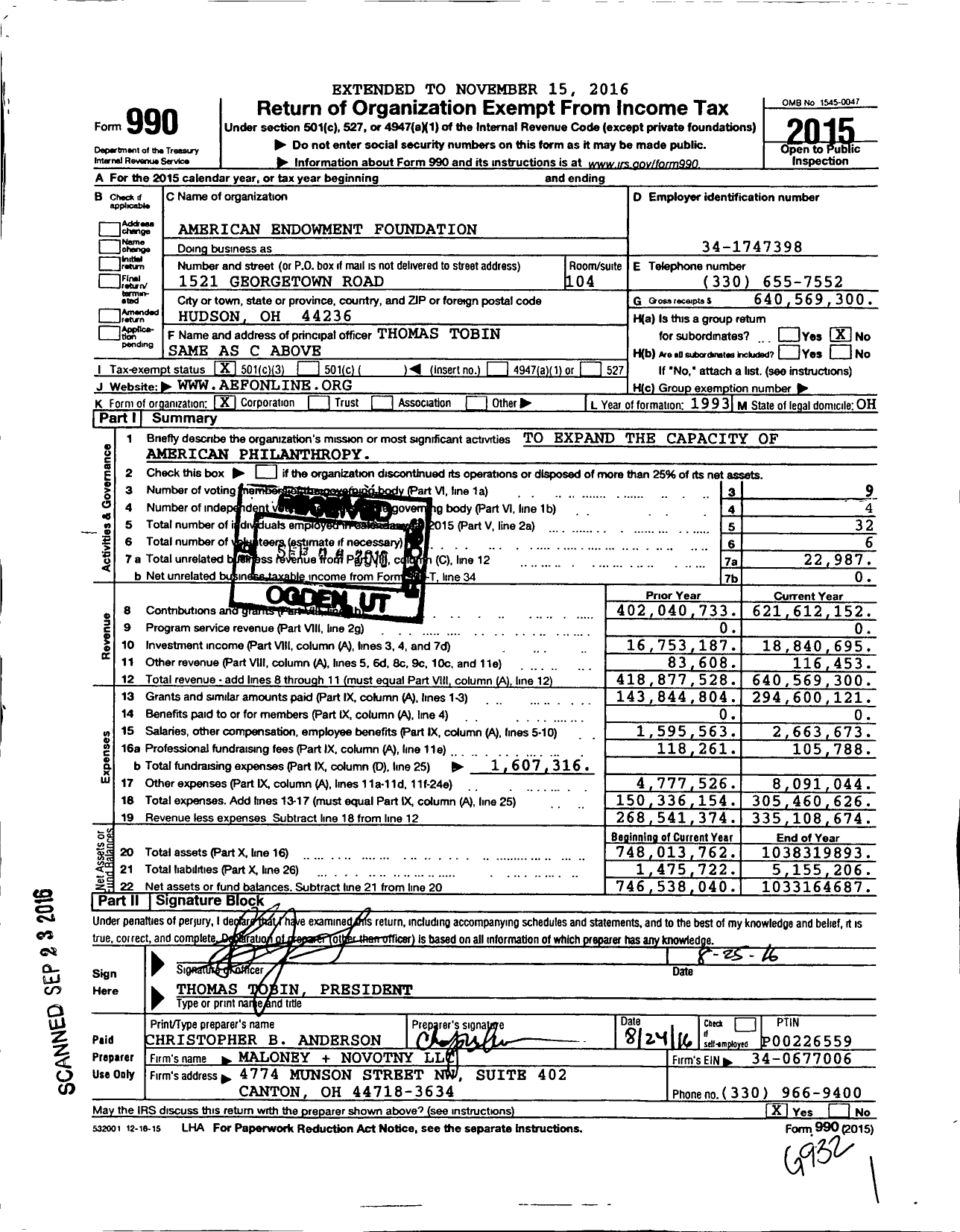 Image of first page of 2015 Form 990 for American Endowment Foundation