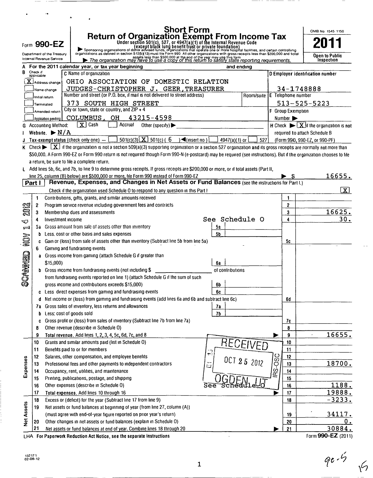 Image of first page of 2011 Form 990EO for Ohio Association of Domestic Relations Judges