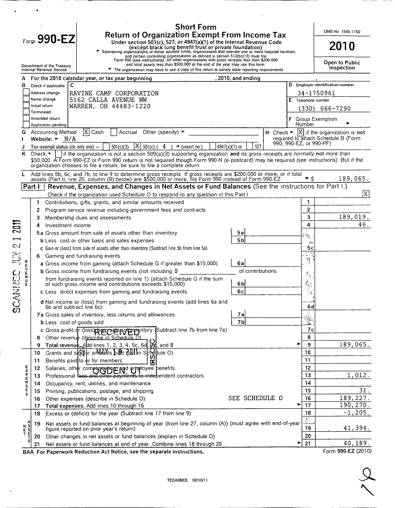 Image of first page of 2010 Form 990EO for Ravine Camp Corporation