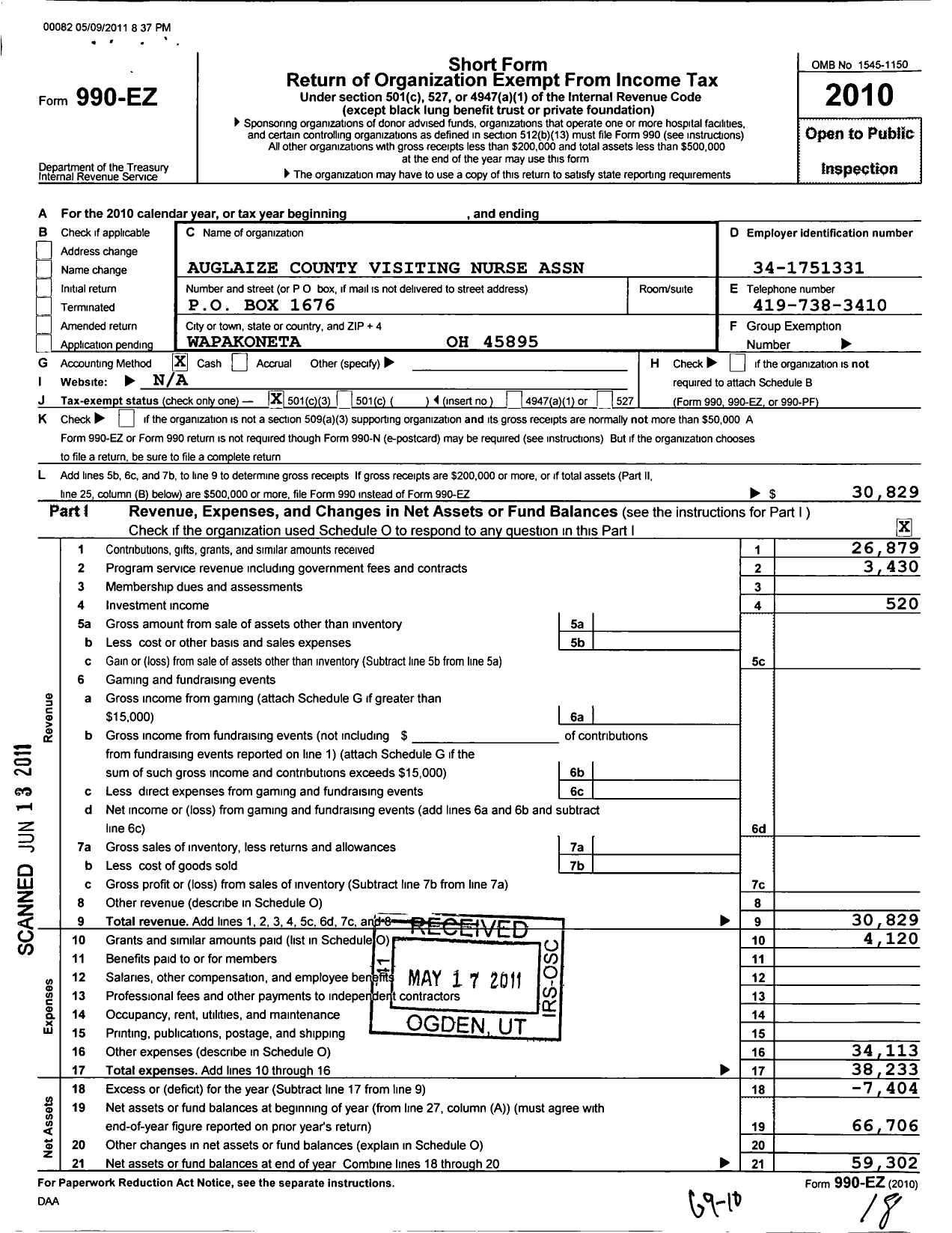 Image of first page of 2010 Form 990EZ for Auglaize County Visiting Nurse Association