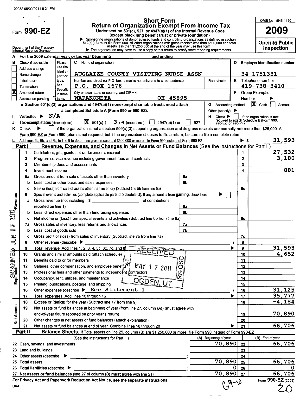 Image of first page of 2009 Form 990EZ for Auglaize County Visiting Nurse Association