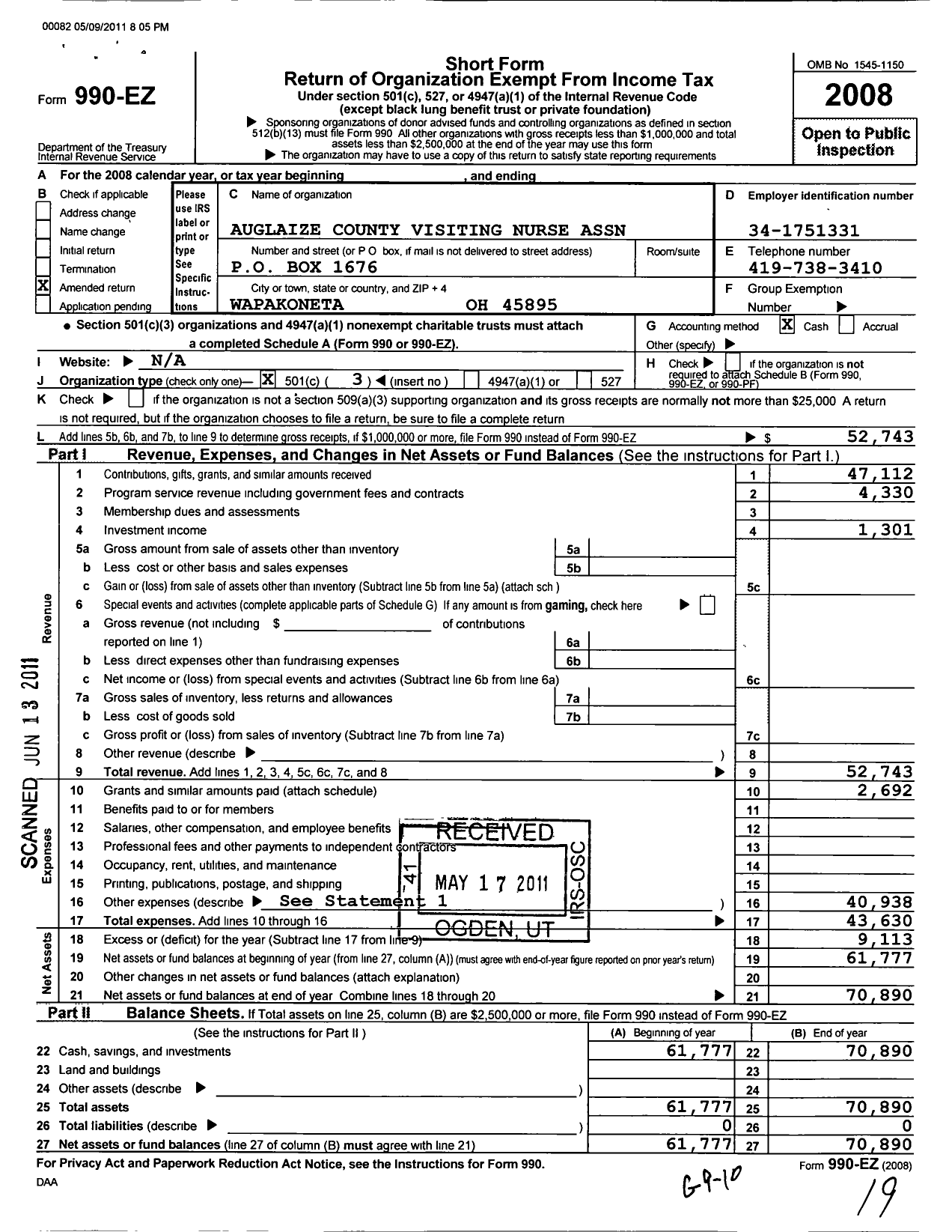 Image of first page of 2008 Form 990EZ for Auglaize County Visiting Nurse Association