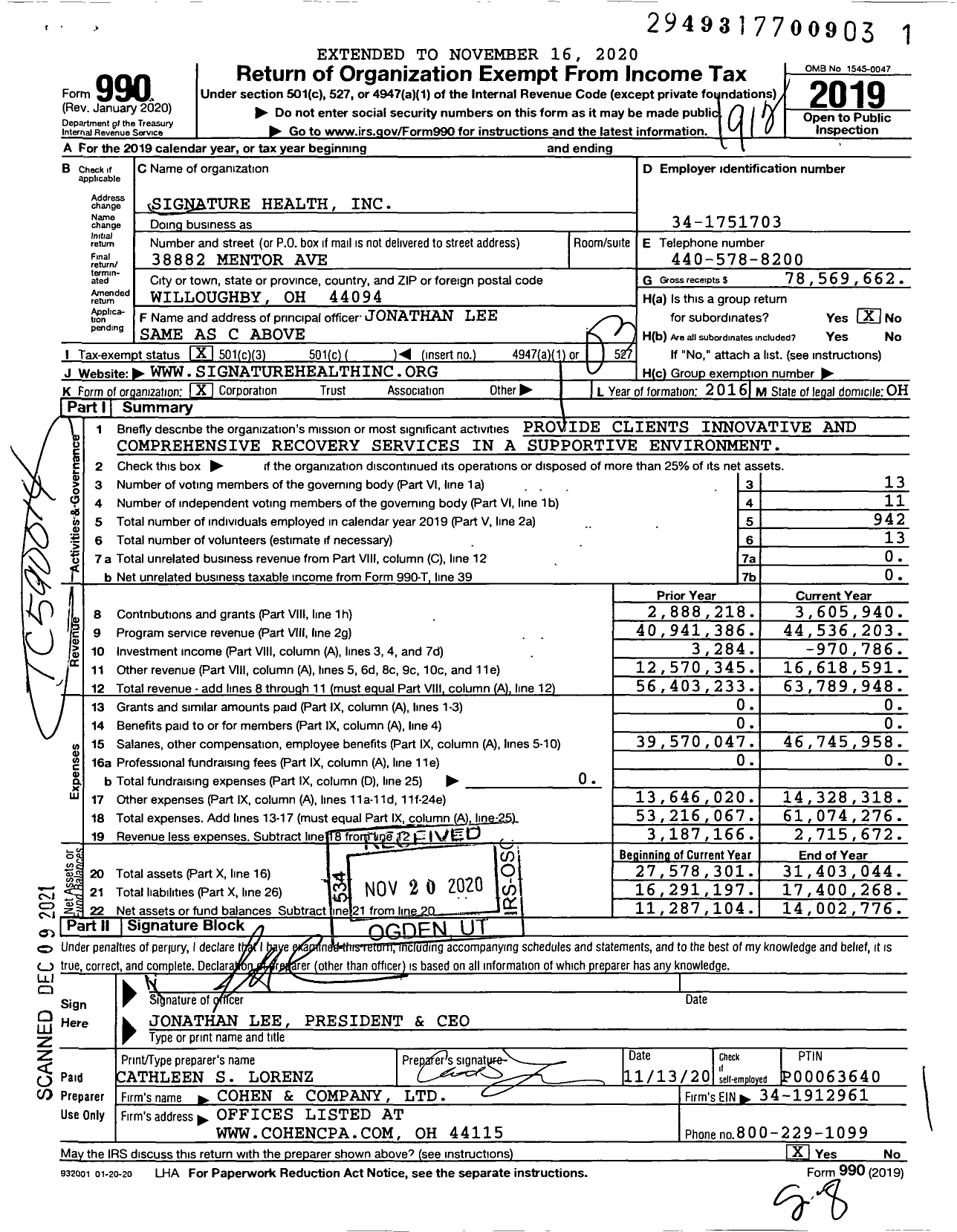Image of first page of 2019 Form 990 for Signature Health
