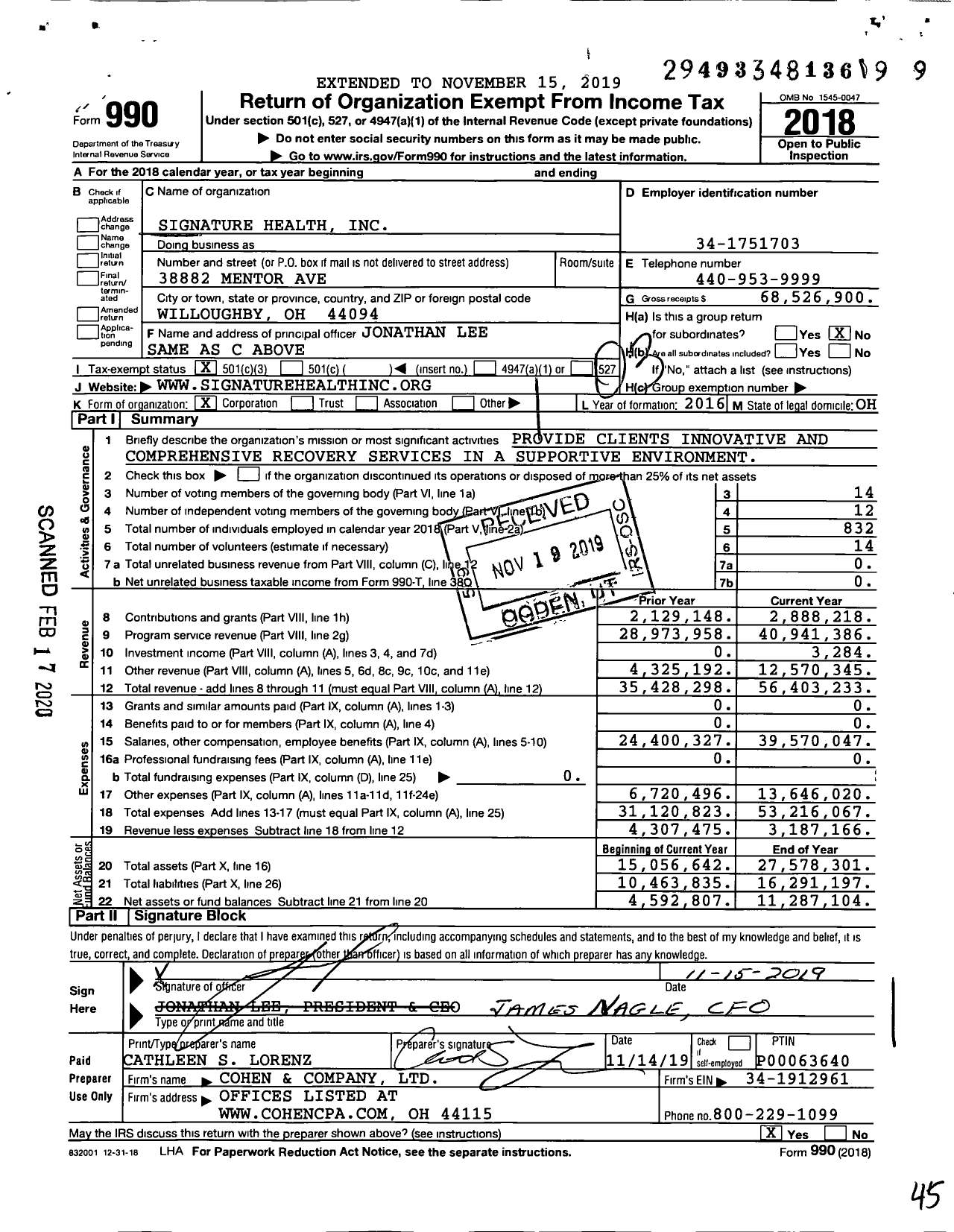 Image of first page of 2018 Form 990 for Signature Health