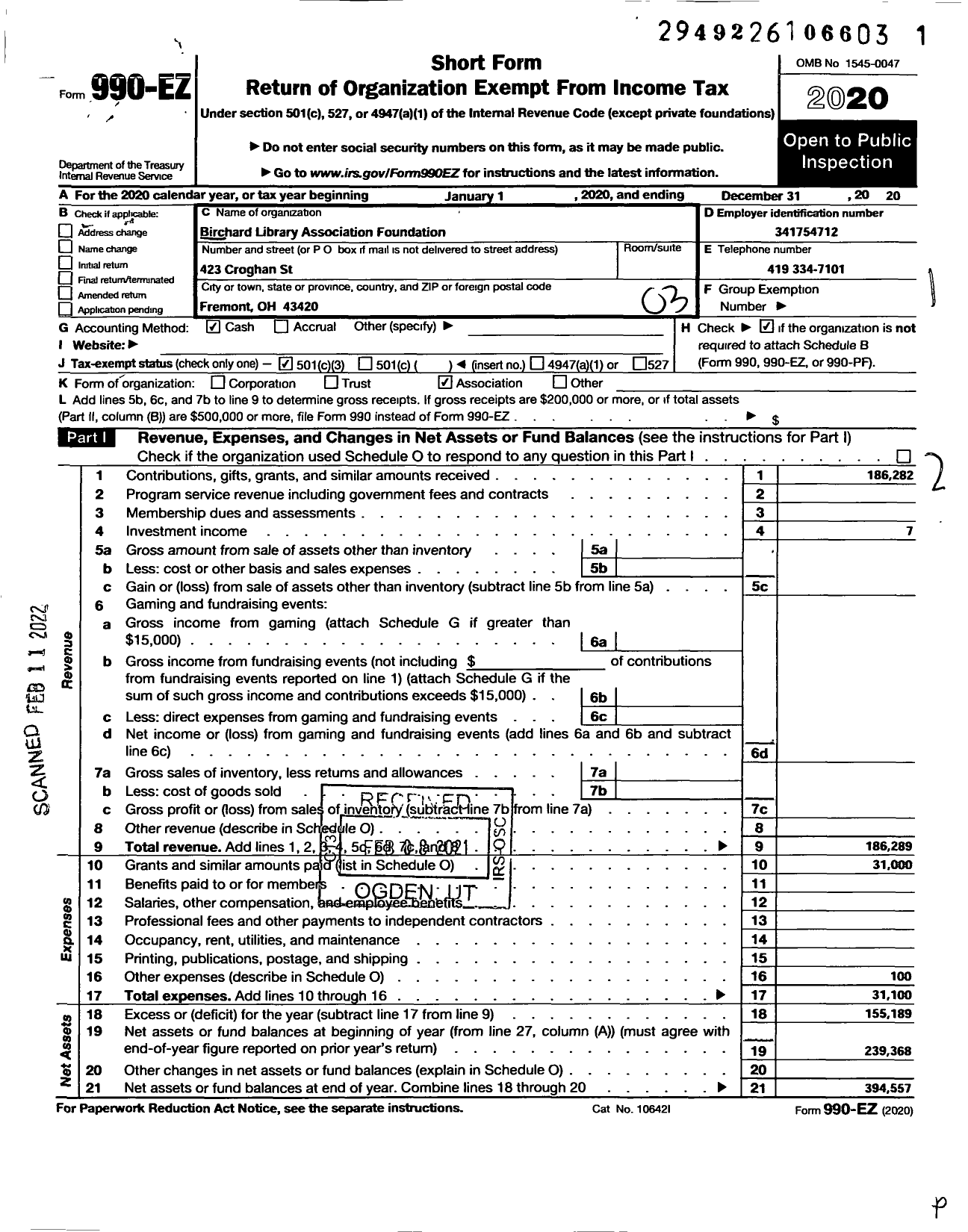 Image of first page of 2020 Form 990EZ for Birchard Library Association Foundation