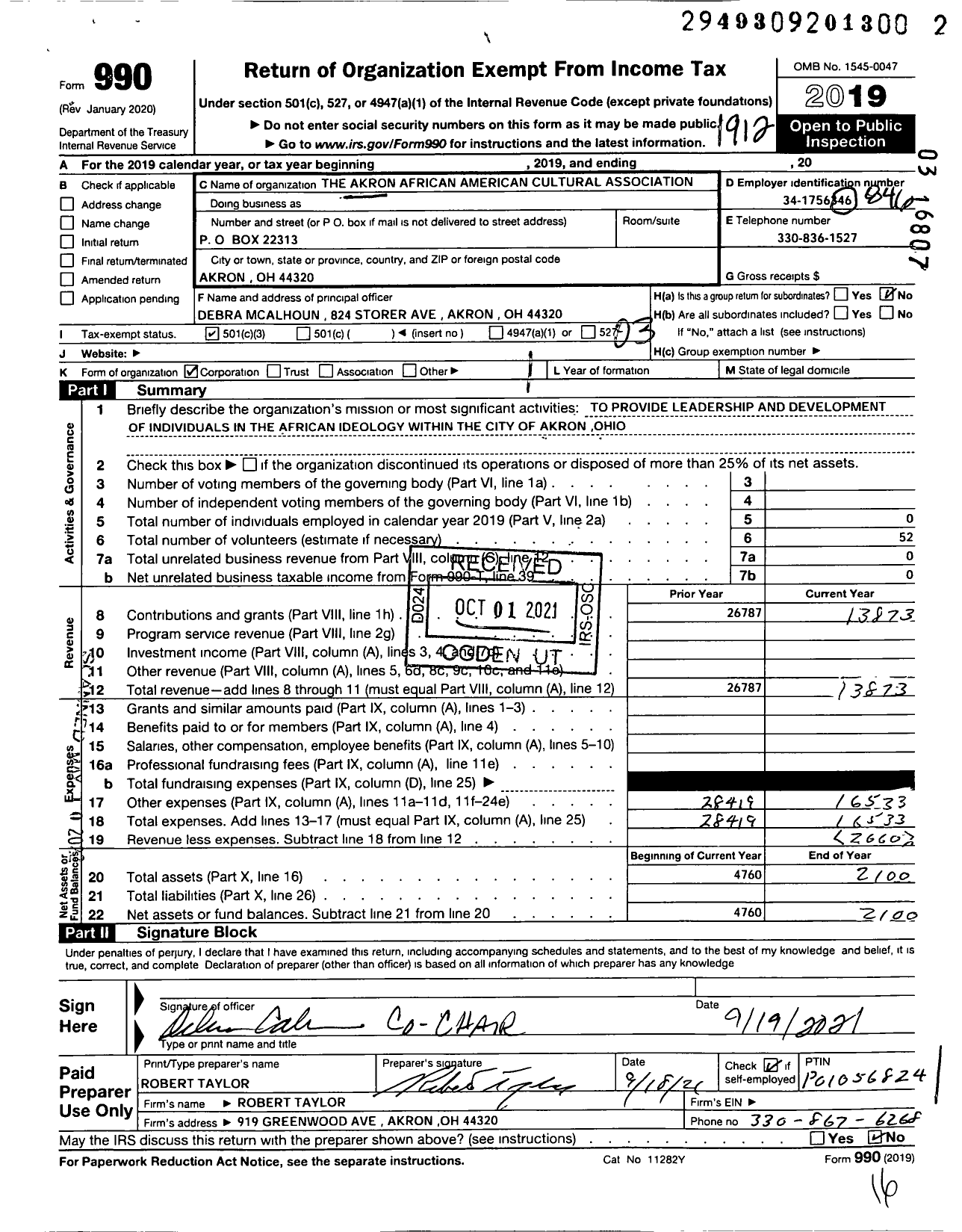 Image of first page of 2019 Form 990 for Akron African-American Cultural Association