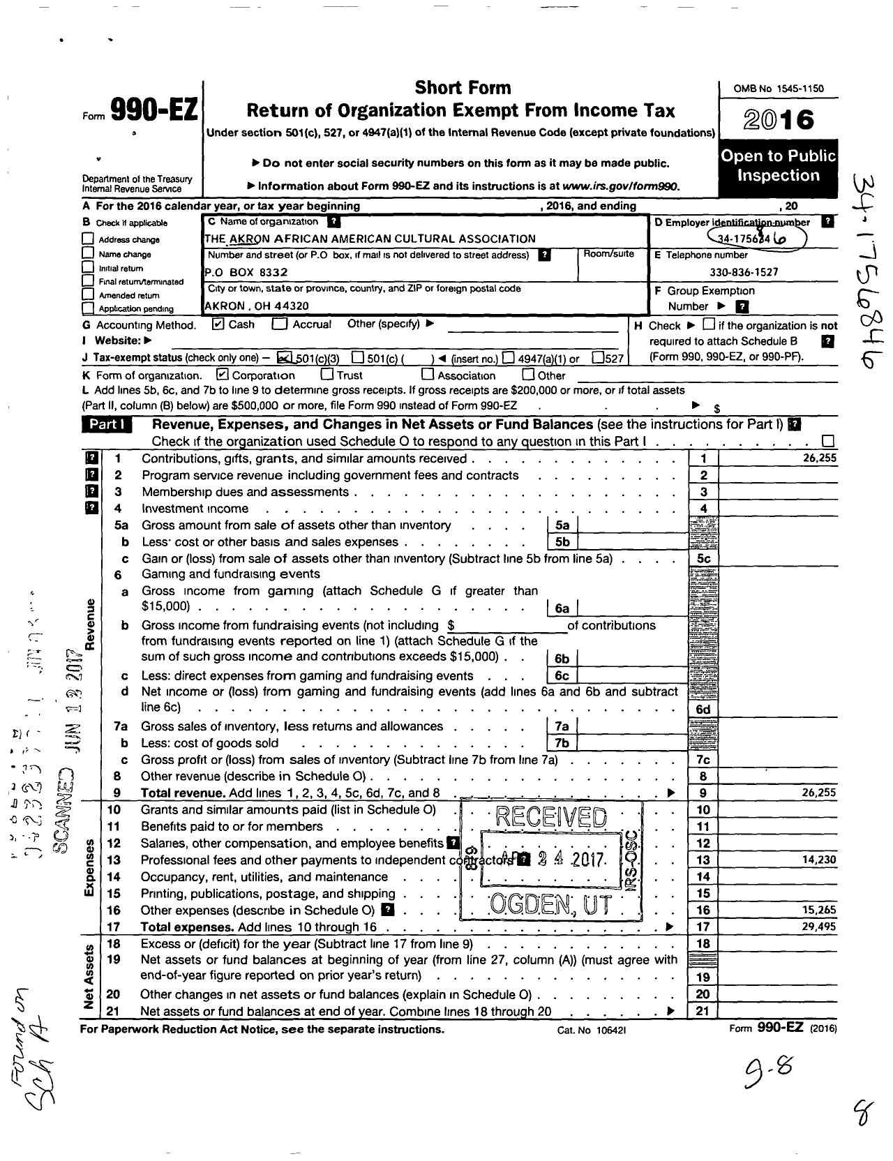 Image of first page of 2016 Form 990EZ for Akron African-American Cultural Association