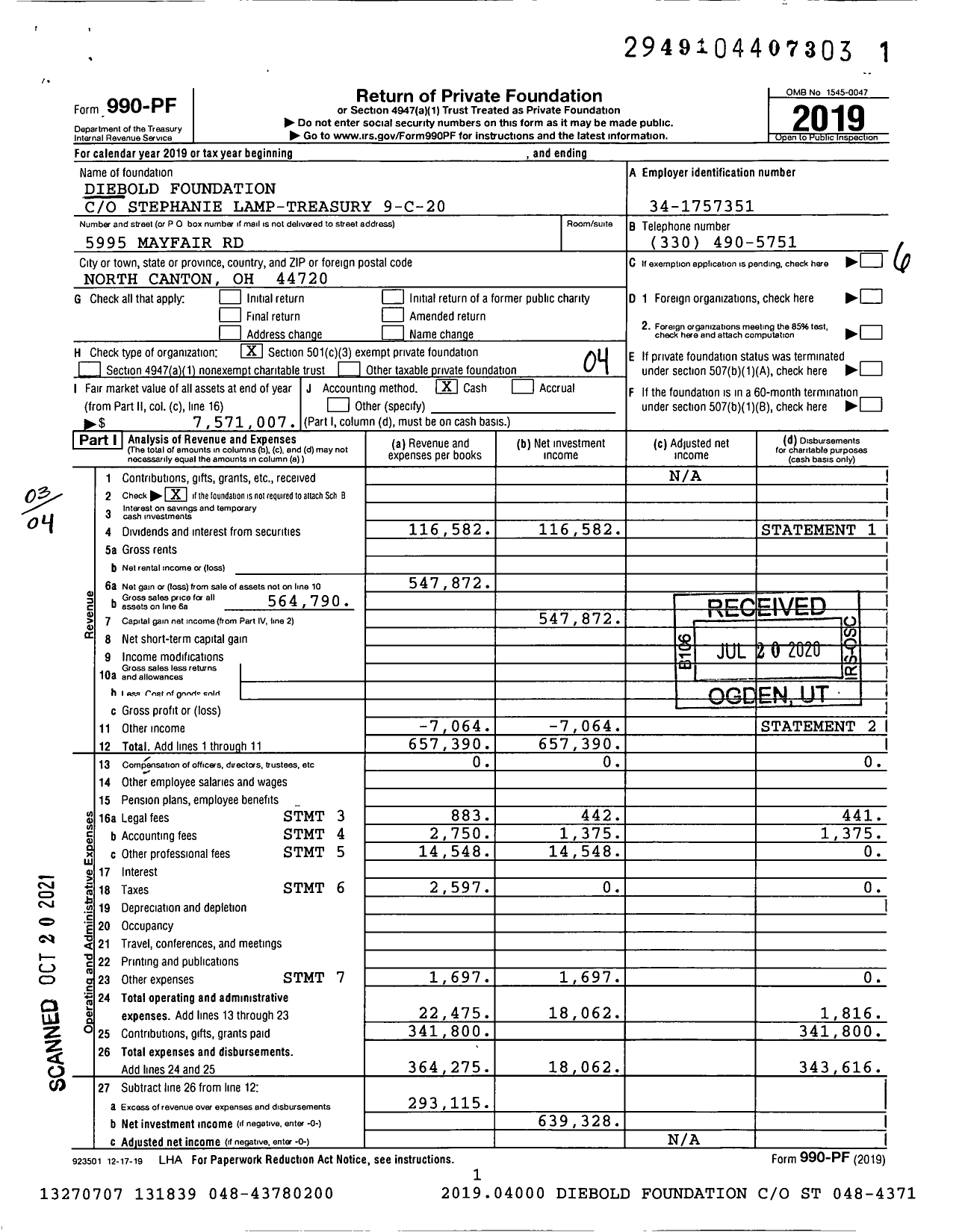 Image of first page of 2019 Form 990PF for Diebold Foundation