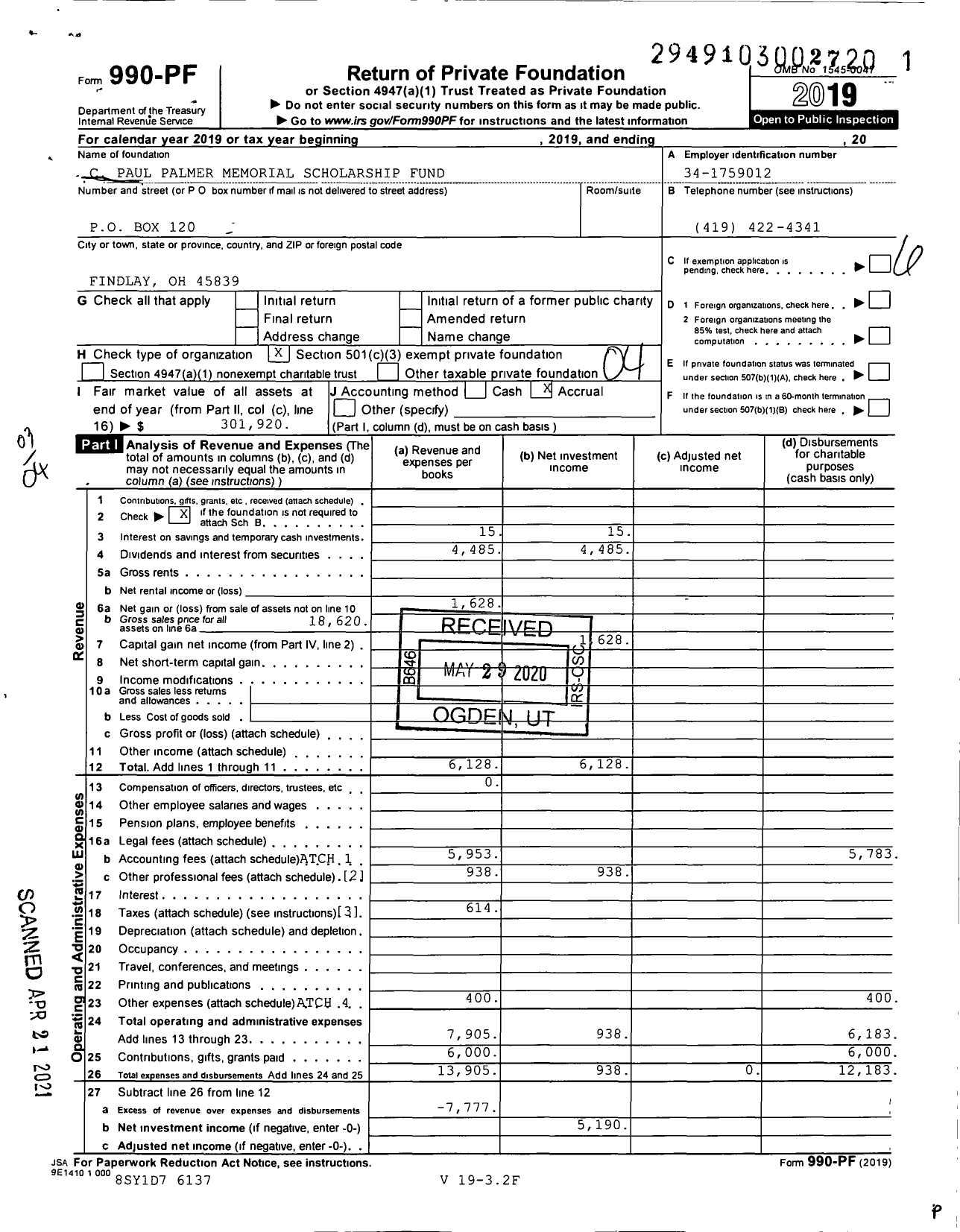 Image of first page of 2019 Form 990PF for C Paul Palmer Memorial Scholarship Fund