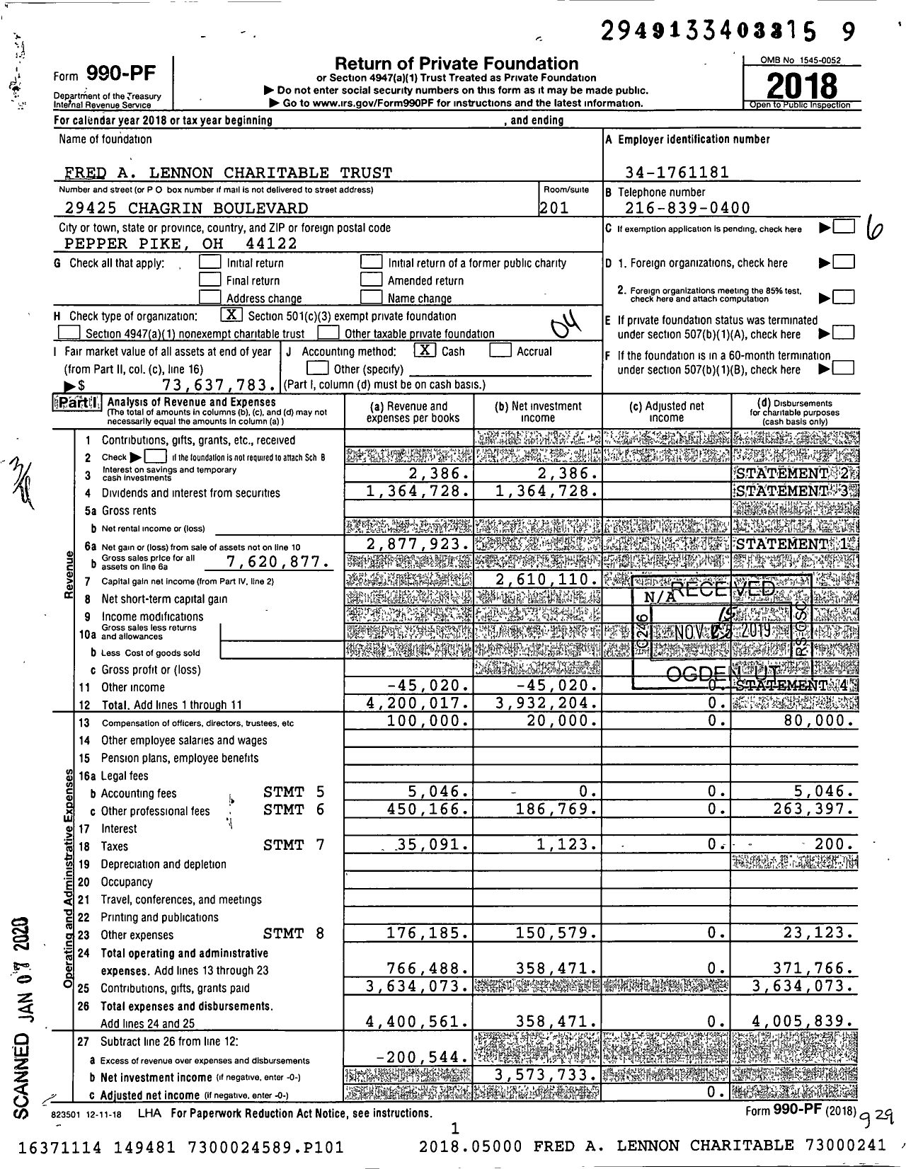 Image of first page of 2018 Form 990PF for Fred A Lennon Charitable Trust