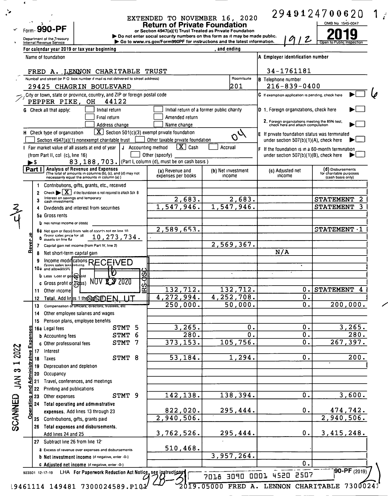 Image of first page of 2019 Form 990PF for Fred A Lennon Charitable Trust