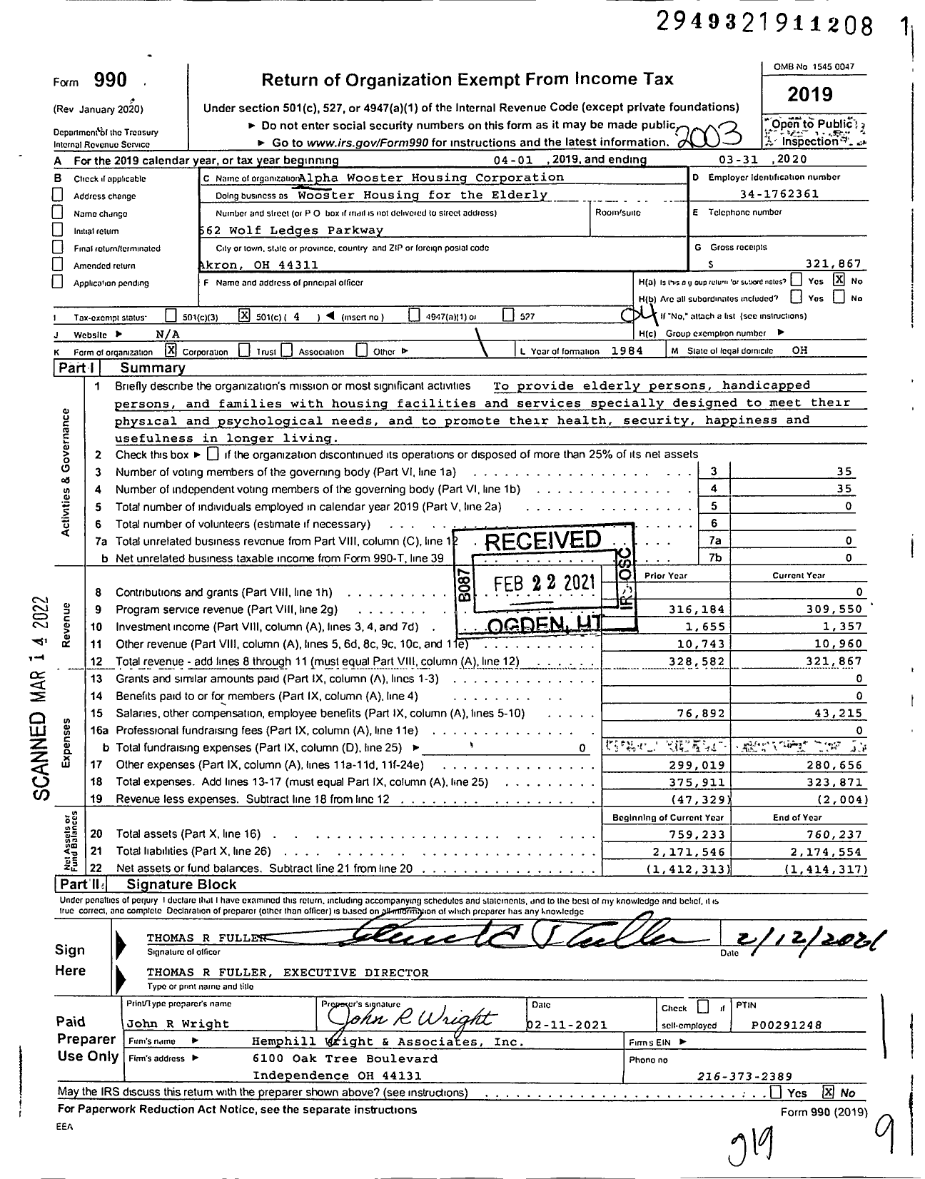 Image of first page of 2019 Form 990O for Wooster Housing for the Elderly