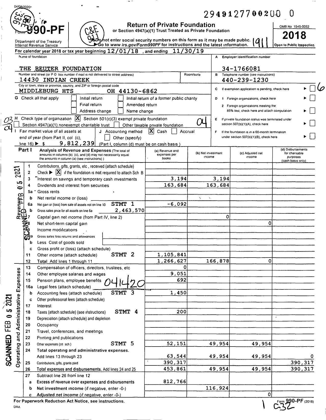 Image of first page of 2018 Form 990PF for The Reuter Foundation