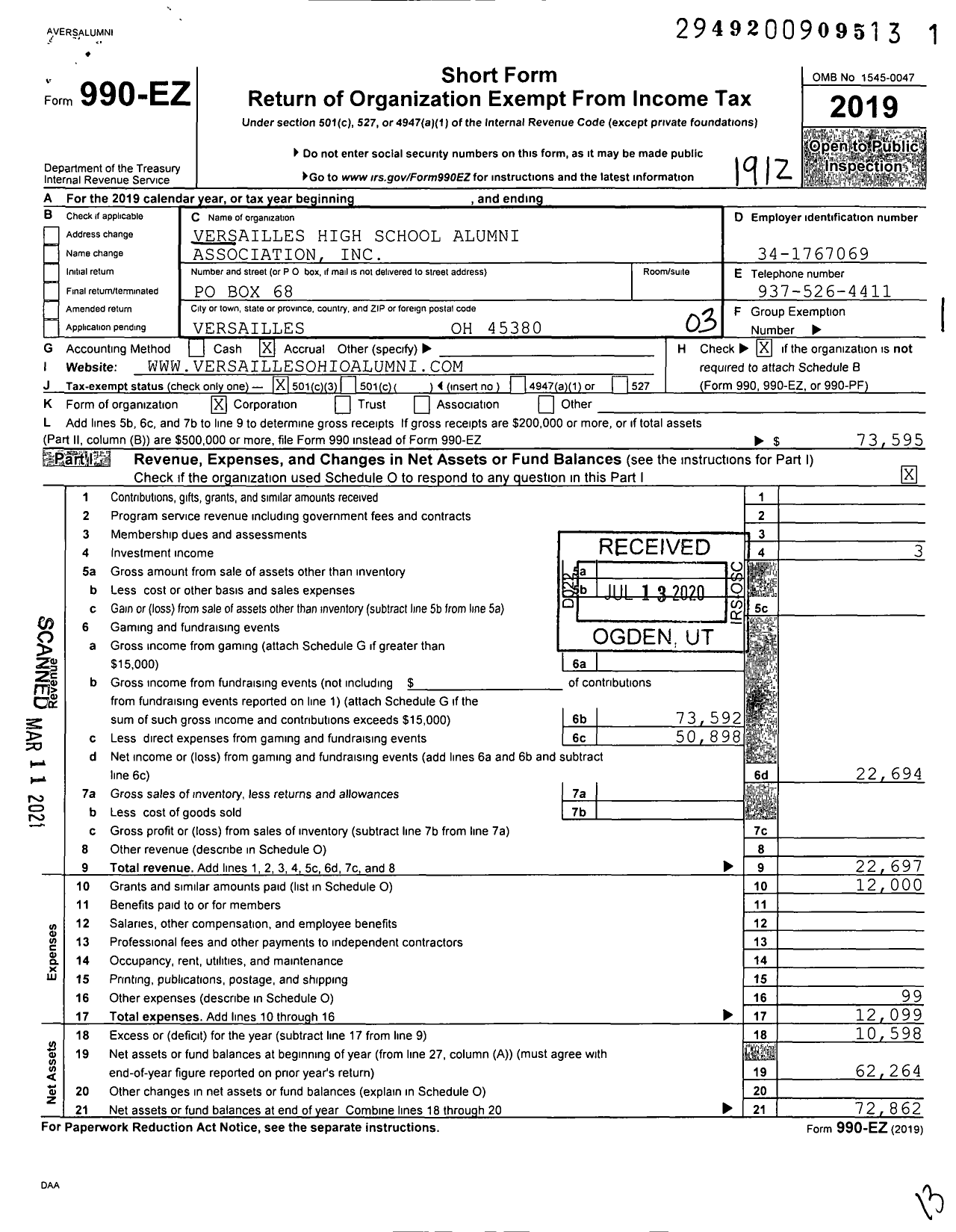 Image of first page of 2019 Form 990EZ for Versailles High School Alumni Association