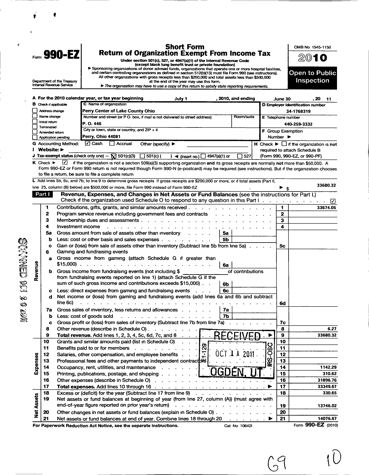 Image of first page of 2010 Form 990EZ for Perry Center of Lake County Ohio