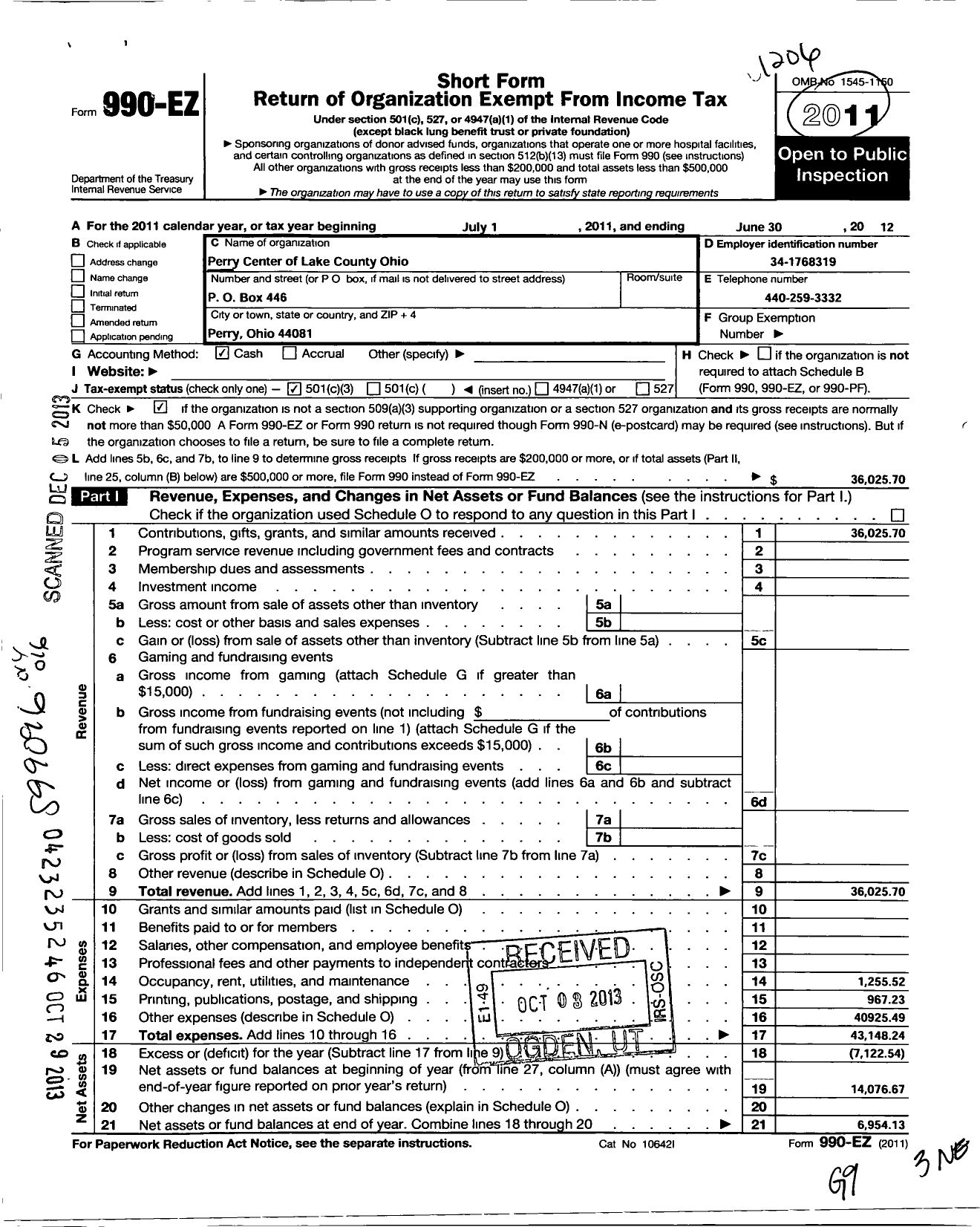 Image of first page of 2011 Form 990EZ for Perry Center of Lake County Ohio