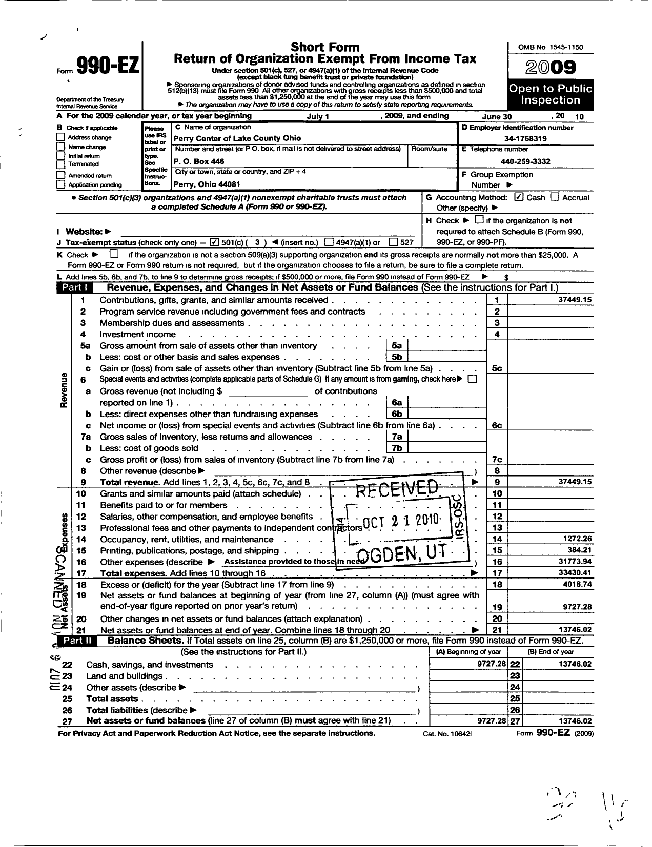 Image of first page of 2009 Form 990EZ for Perry Center of Lake County Ohio